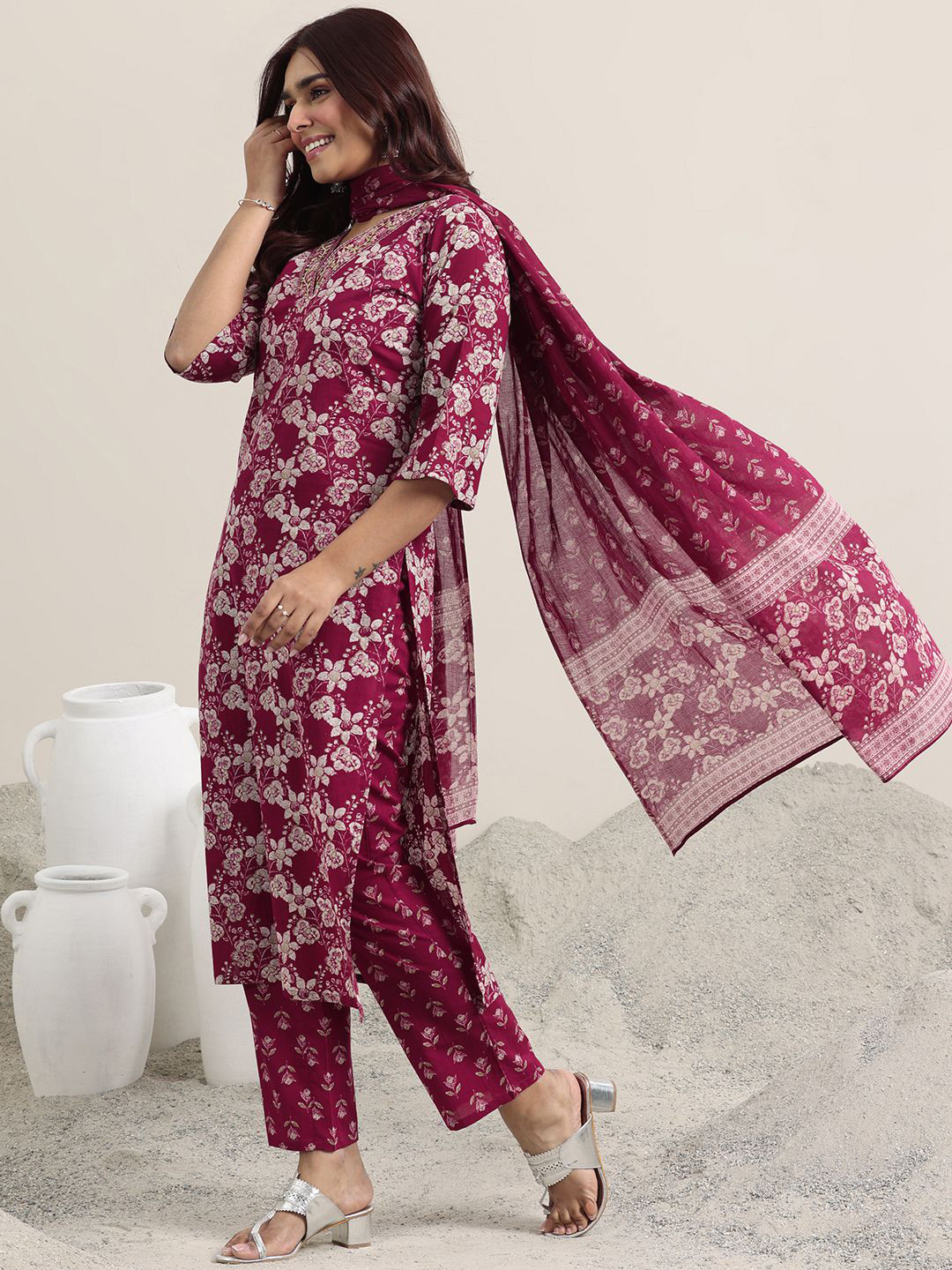 Libas Floral Printed V-Neck Straight Kurta With Trousers And Dupatta