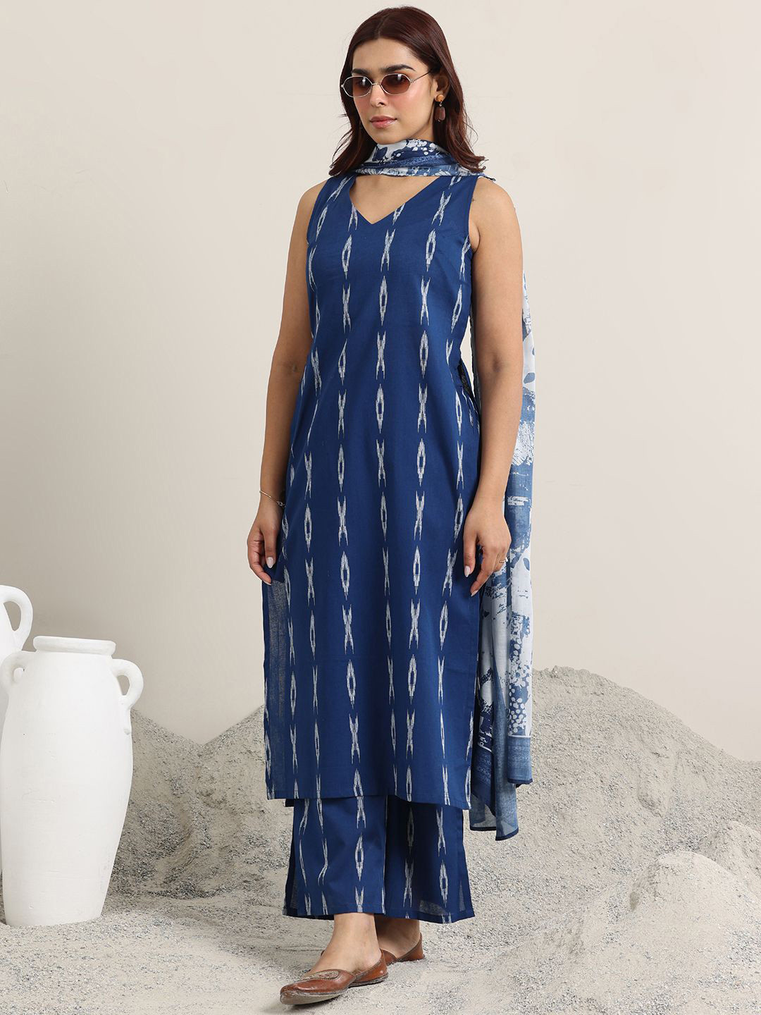 Libas Geometric Printed Sleeveless V-Neck Straight Kurta With Palazzos And Dupatta