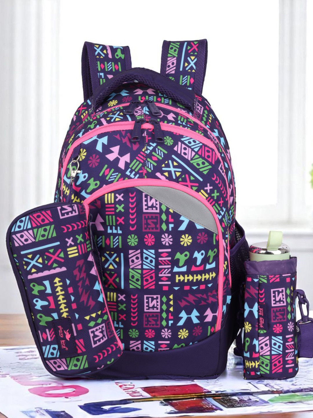 ECHOBOOMERS Unisex Geometric Printed  Backpack  with Pouch & Bottle Holder