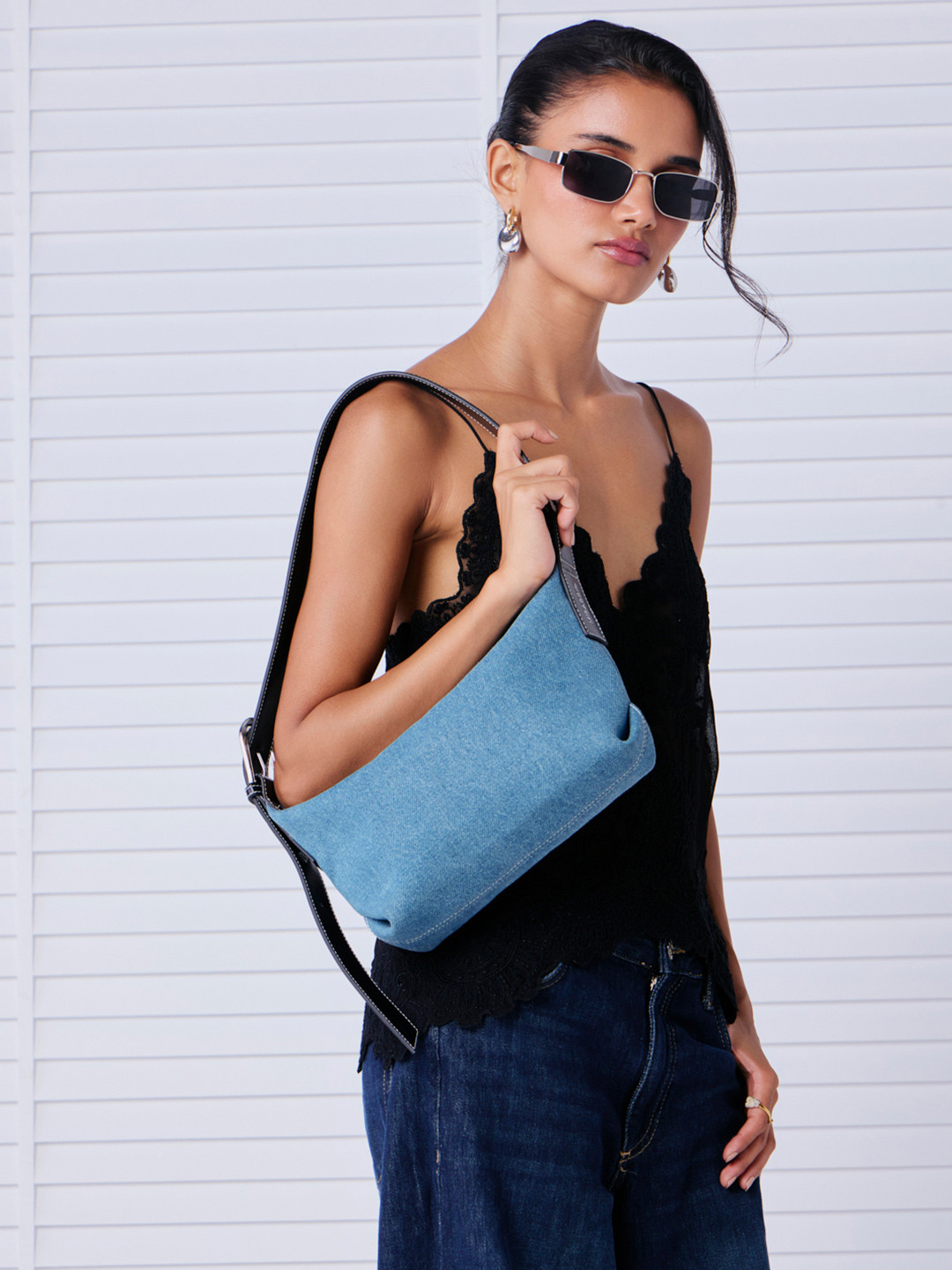 MIRAGGIO Denim Baguette Non-Detachable Sling Strap Shoulder Bag