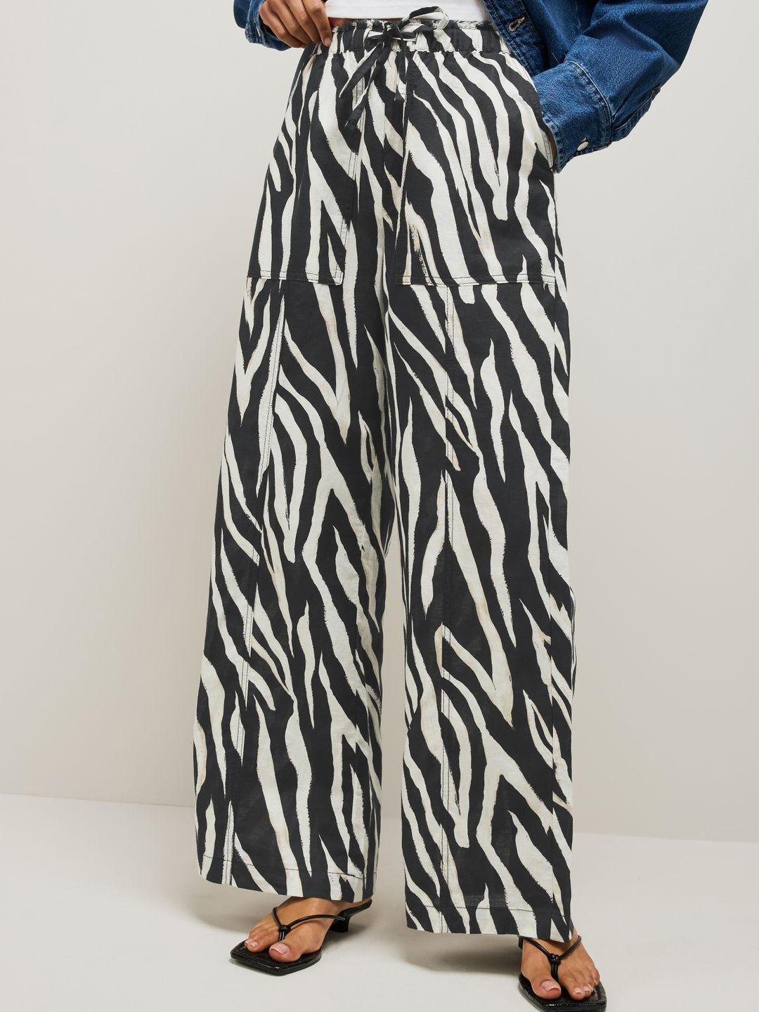 NEXT Women Zebra Printed High-Rise Linen-Cotton Wide Leg Trousers