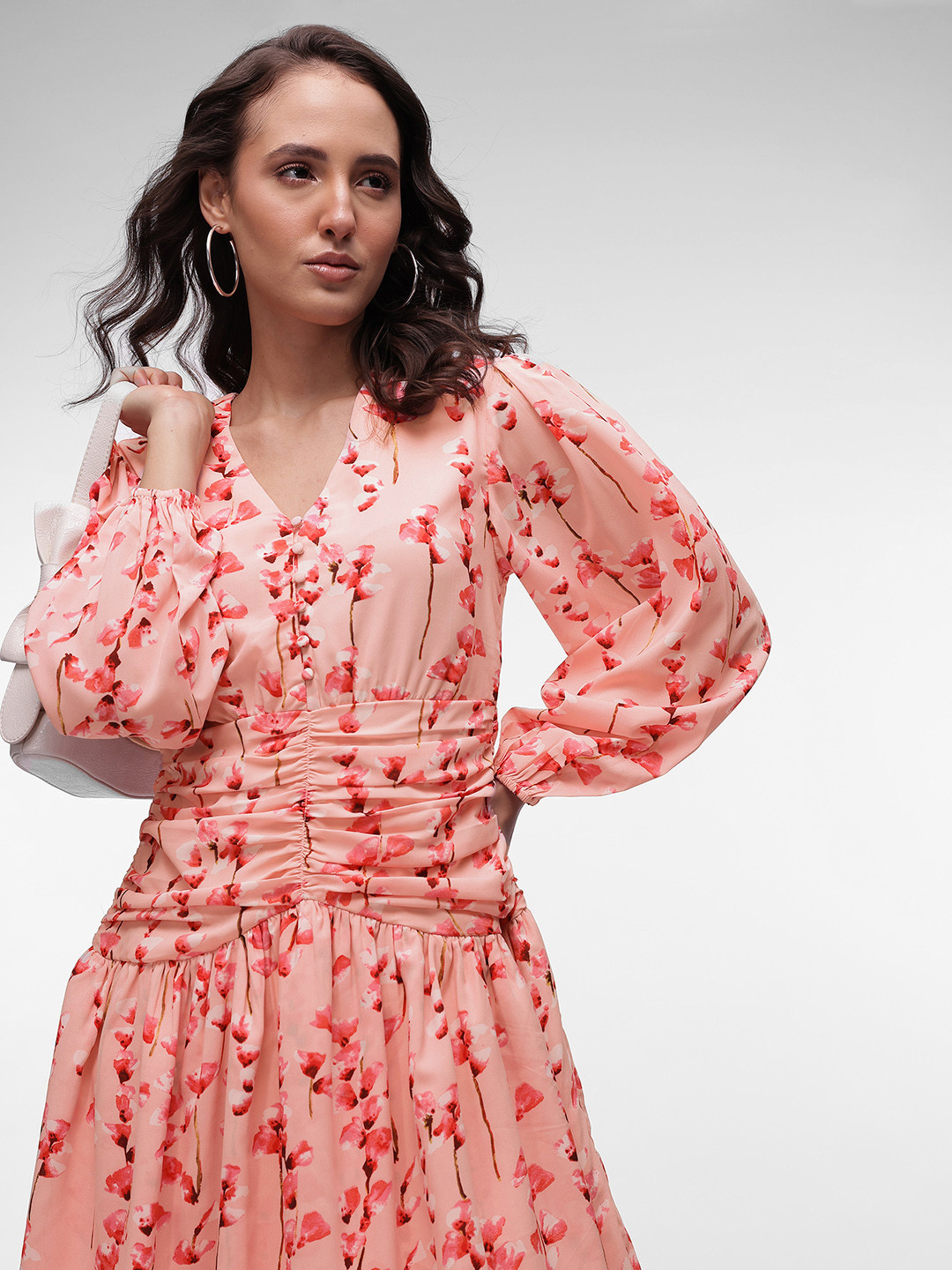 French Connection Floral Print Puff Sleeve Georgette Drop-Waist Dress