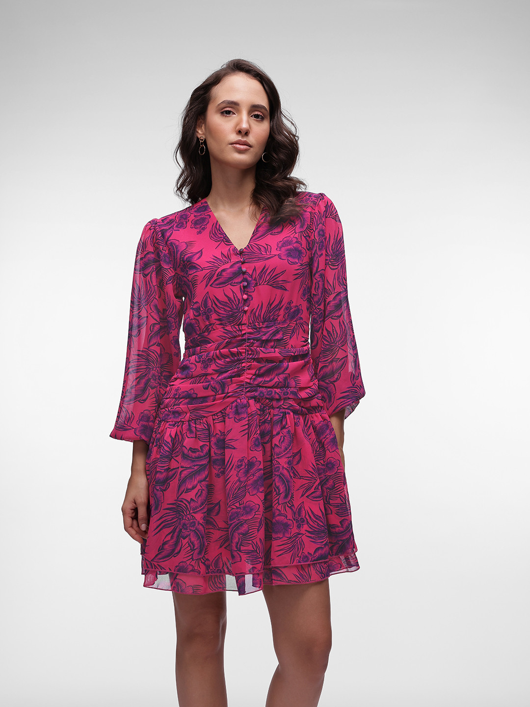 French Connection Floral Print Puff Sleeve Georgette Drop-Waist Mini Dress