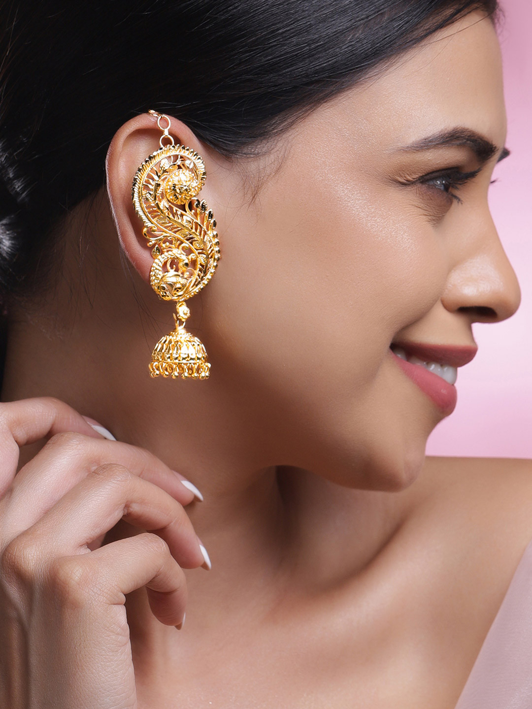 Rubans 22K Gold-Plated Leaf Filigree Oversized Ear-Cuff Jhumka Earrings