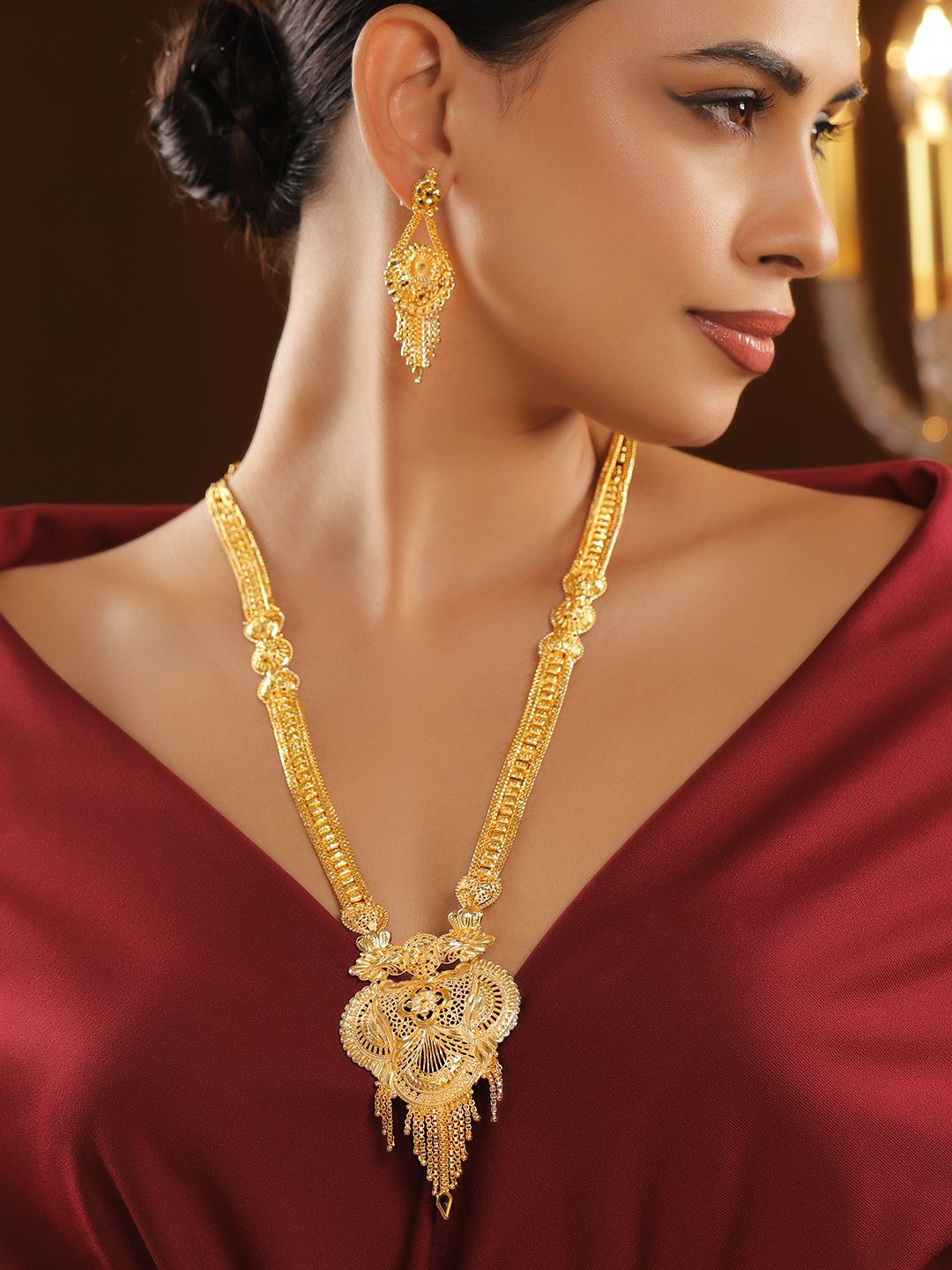 Rubans 18K Gold-Plated Floral Filigree Long Necklace Set with Drop Earrings