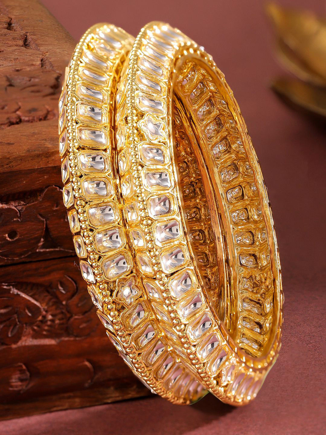 Rubans Set of 2 18K Gold-Plated White Kundan Studded Broad Traditional Bangles