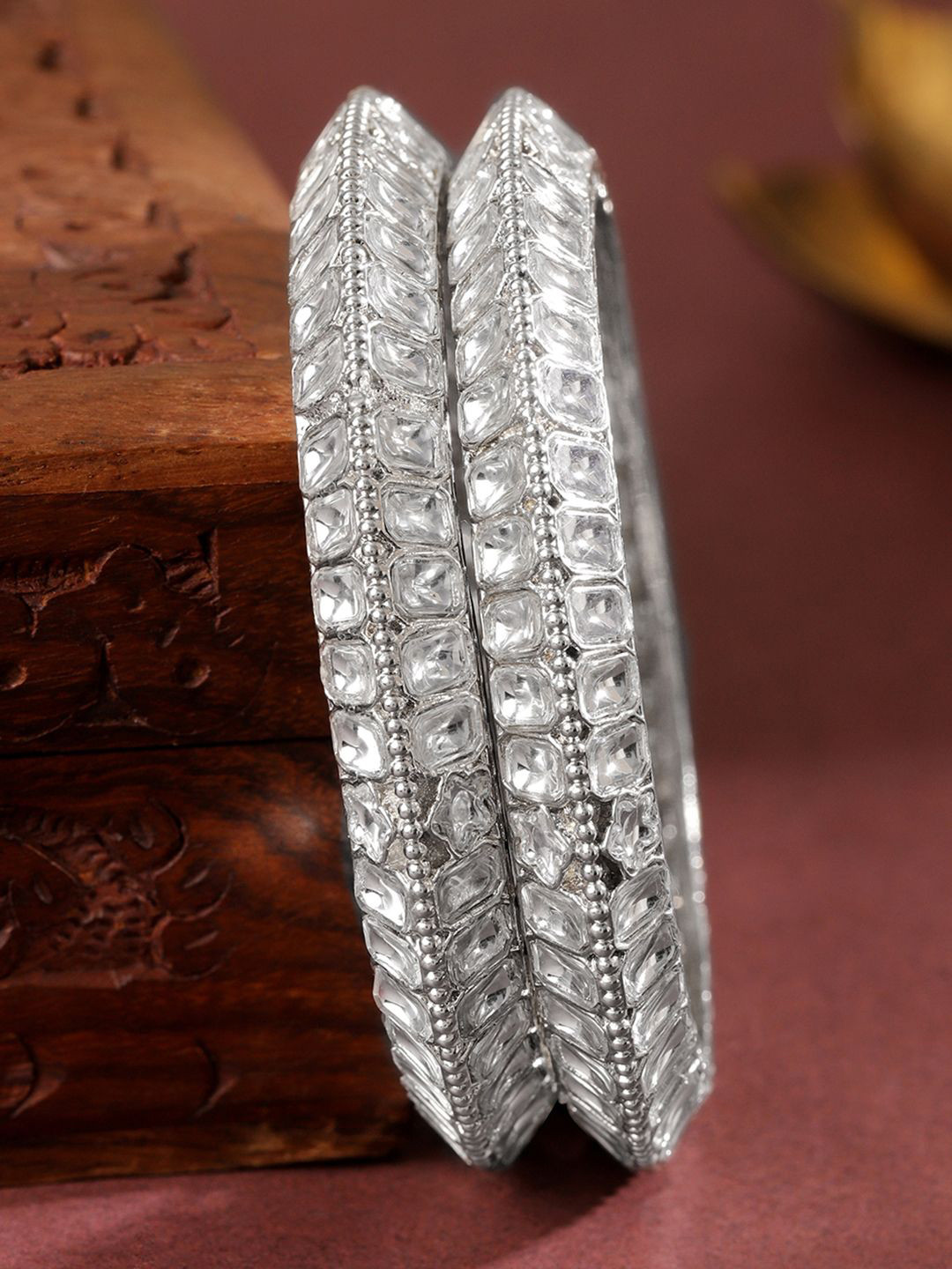 Rubans Set of 2 Silver-Plated White Kundan Studded Broad Traditional Bangles