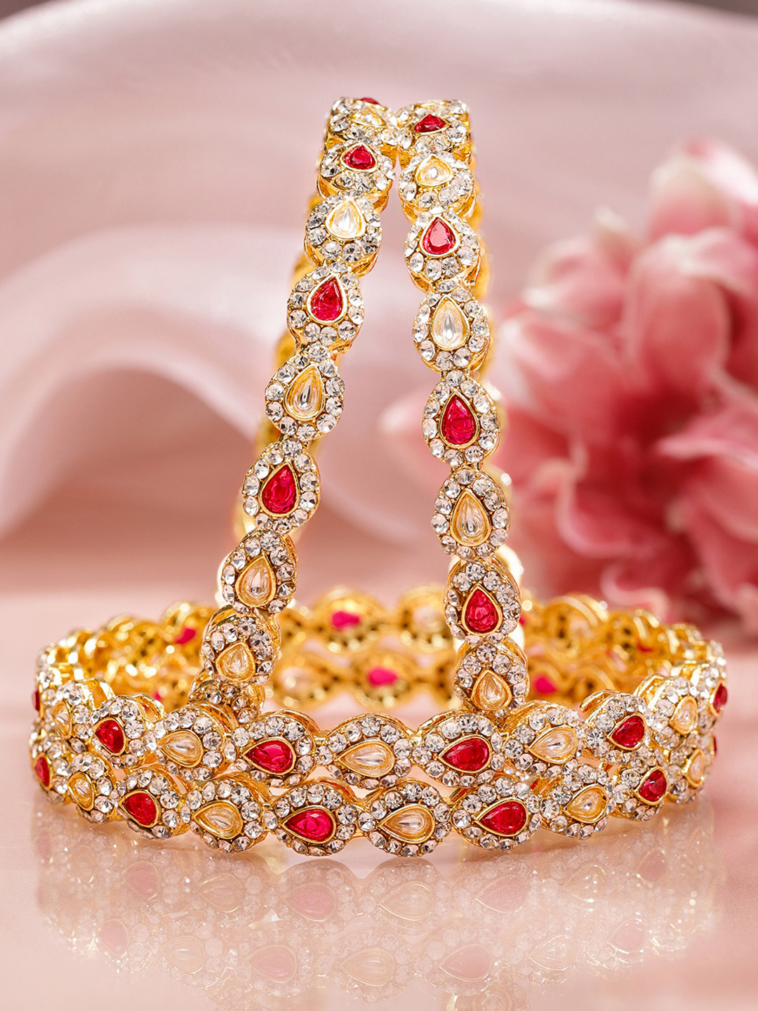 Rubans Set of 4 18K Mehandi Gold-Plated Ruby Pink & White Kundan Studded Designer Bangles