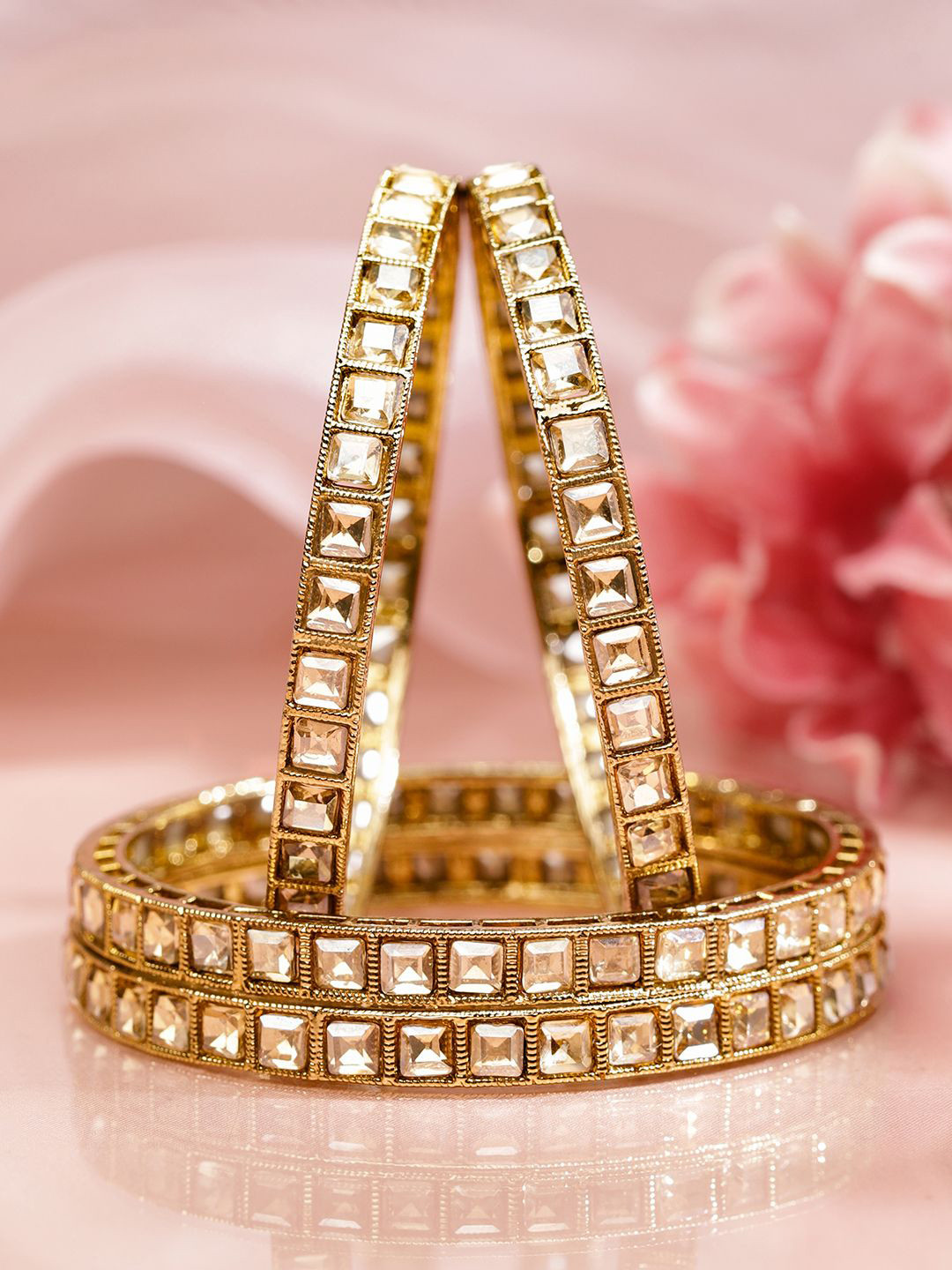 Rubans Set of 4 18K Gold-Plated Square-Cut White Kundan Studded Traditional Bangles