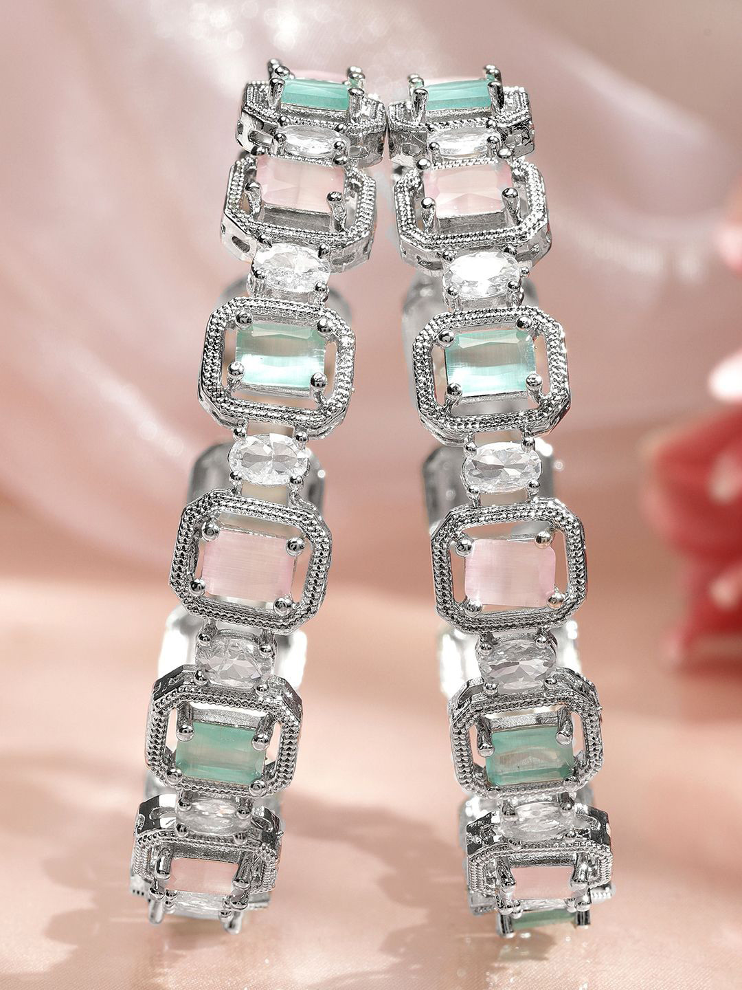 Rubans Set of 2 Rhodium-Plated Pastel Pink Mint Green & White Zirconia Studded Bangles