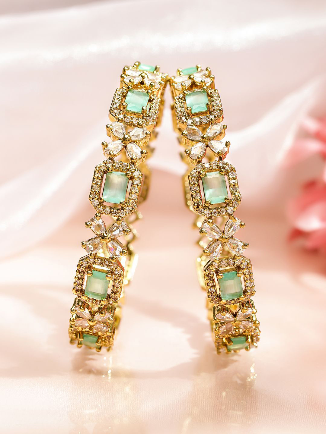Rubans Set of 2 18K Gold-Plated Mint Green & White Cubic Zirconia Studded Floral Bangles