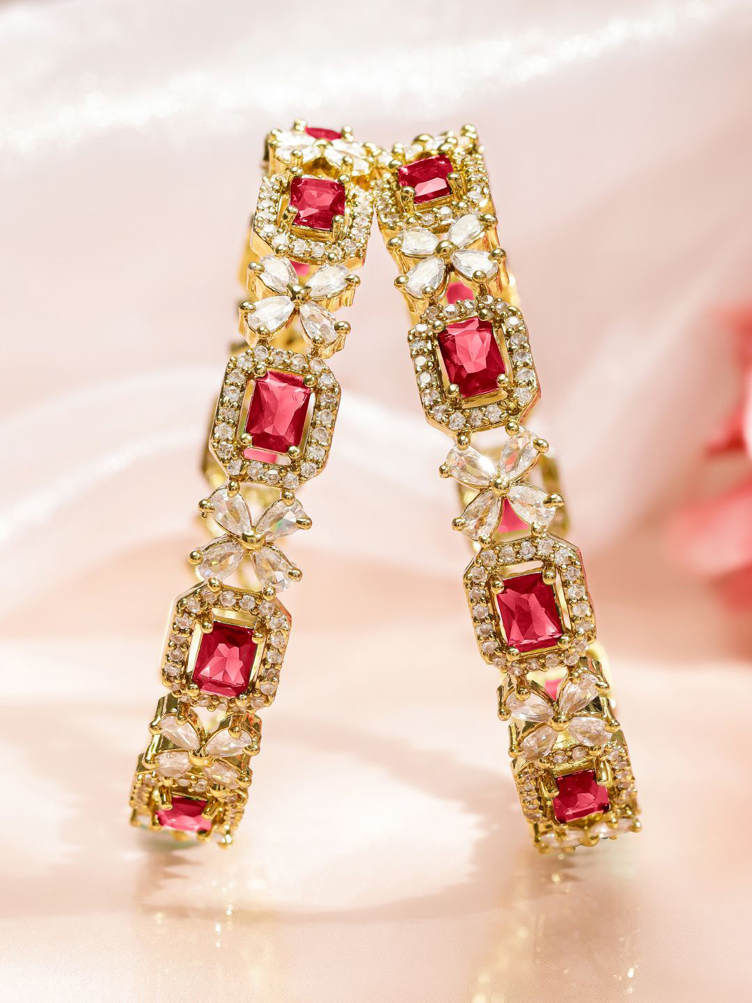 Rubans Set of 2 18K Gold-Plated Ruby Red & White Zirconia Studded Floral Design Bangles