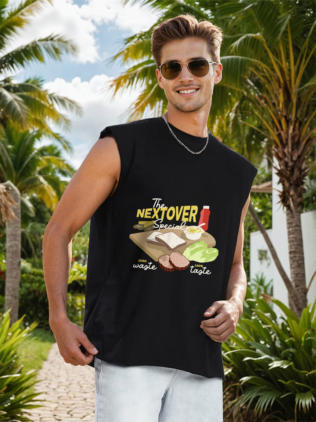 Bene Kleed Graphic Printed Oversized Cotton Sleeveless T-shirt