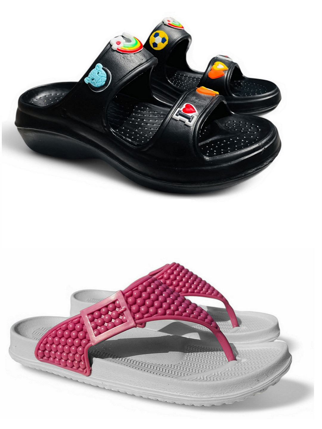 FABBMATE Women Combo Of Self Design Slip-On Flip Flops & Thong Clog