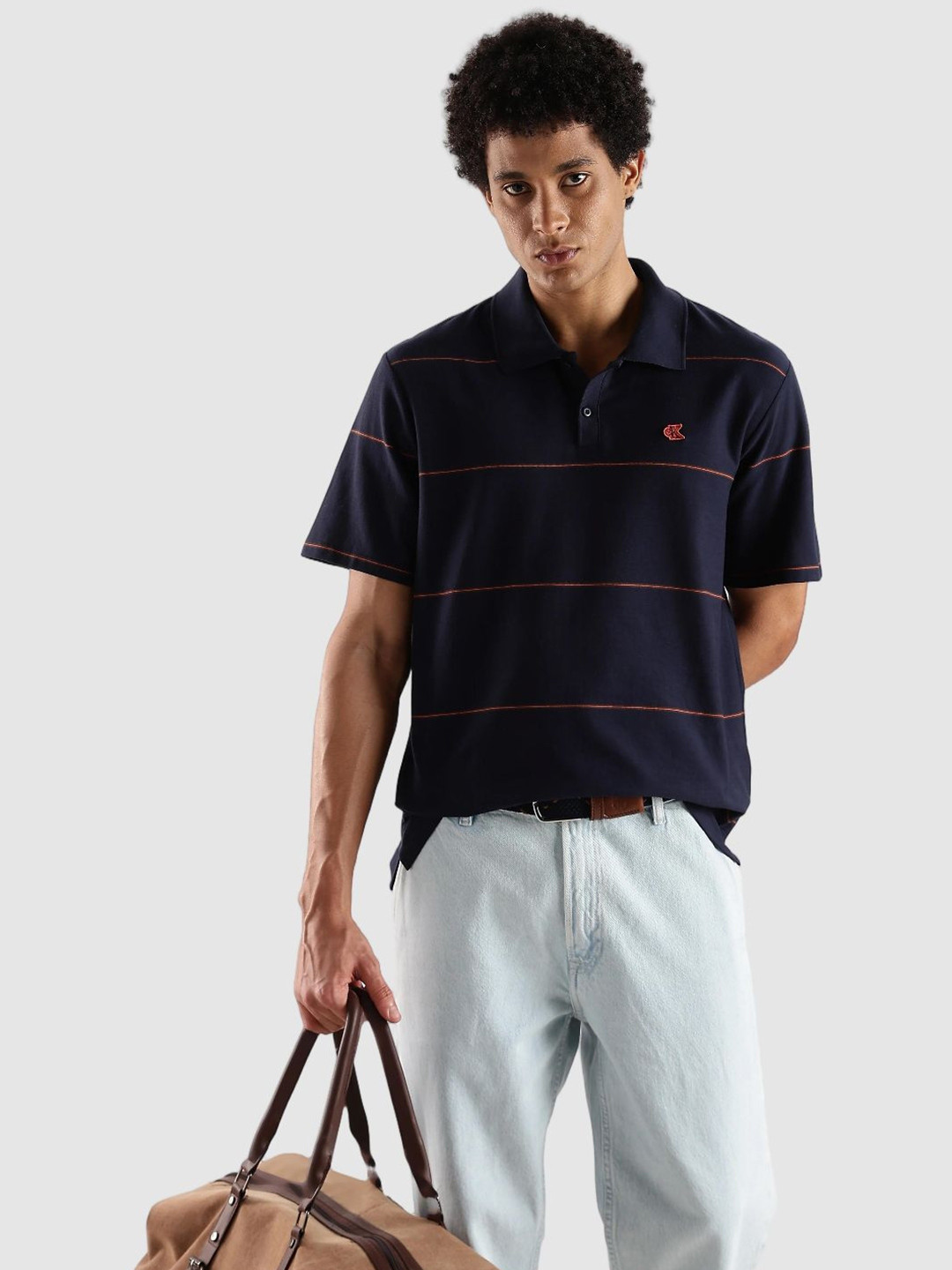 Calvin Klein Jeans Striped Polo Collar Relaxed Fit Pure Cotton T-shirt