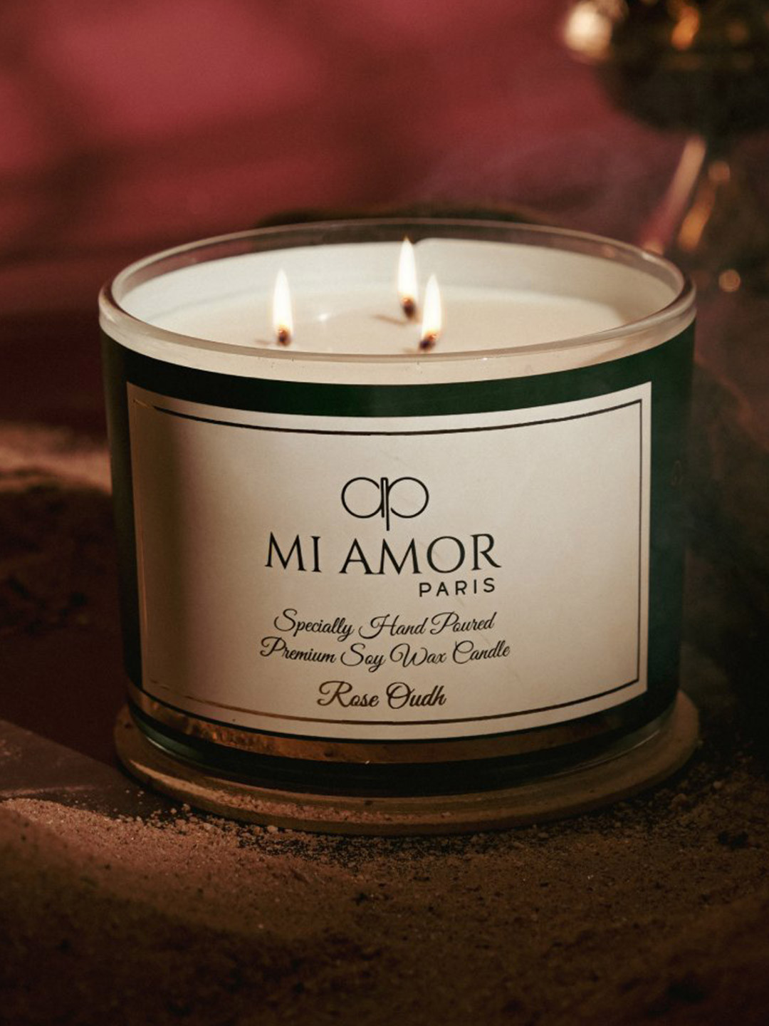MI AMOR PARIS Rose Oudh Scented 3 Wick Solid Geometric Regular Jar Candles
