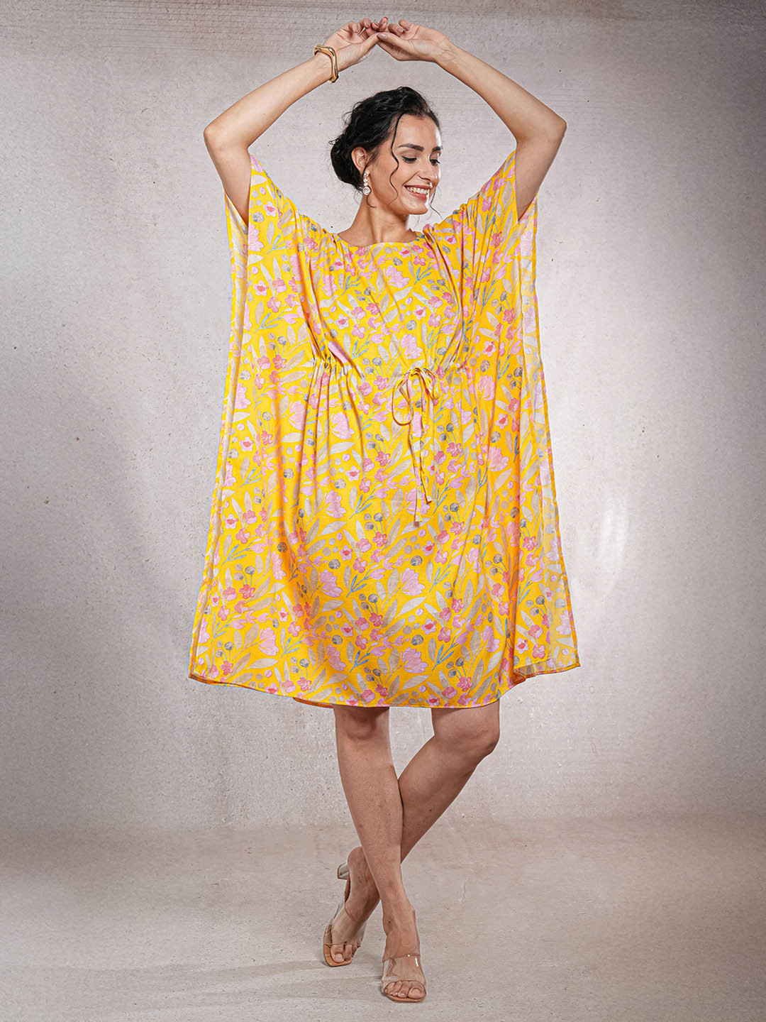 CrossKulture Women Floral Printed Belted Kimono Sleeve Cotton Kaftan Knee Length Dress
