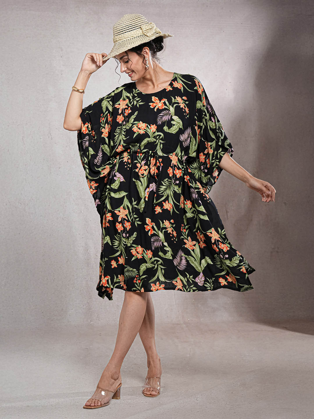 CrossKulture Women Floral Print Kimono Sleeve Crepe A Line Dress