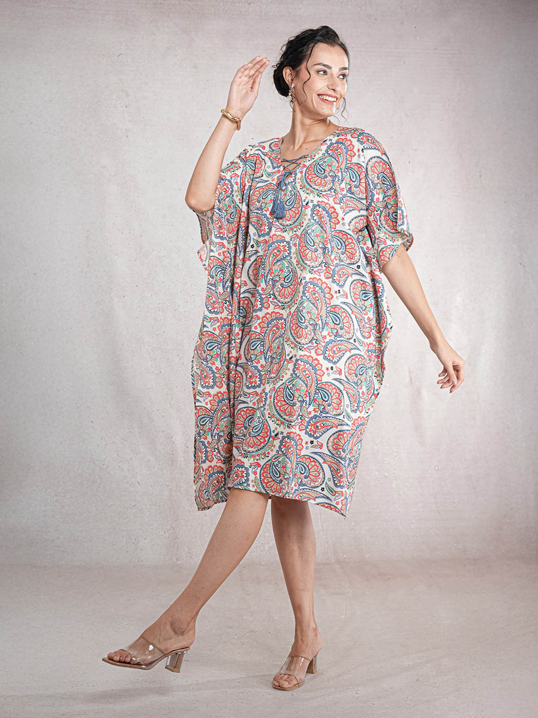 CrossKulture Women Paisley Printed Round Neck Kimono Sleeve A-Line Kaftan Dress