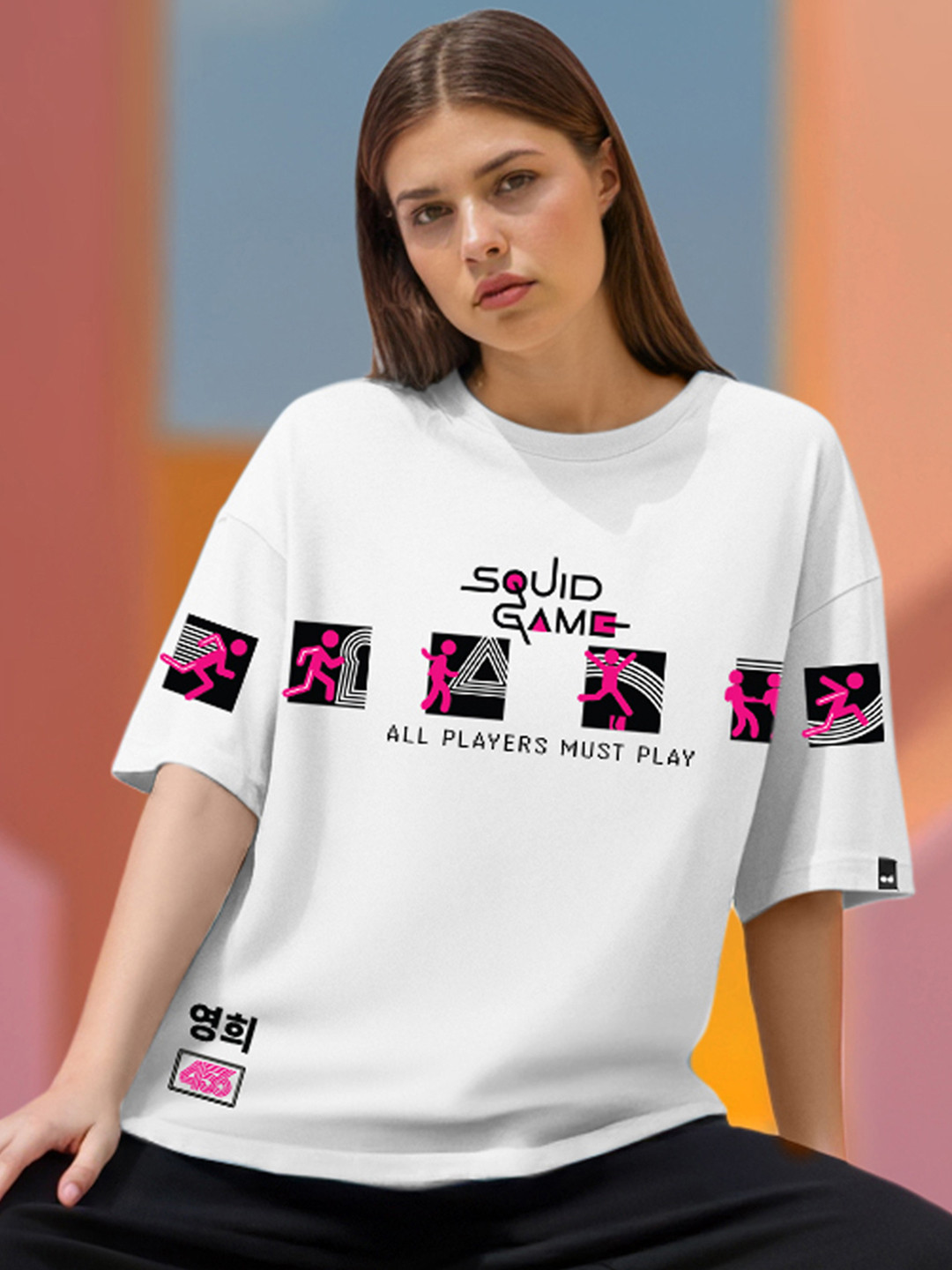 Bewakoof Official Squid Game Merchandise White Must Play Graphic Printed Oversized T-shirt