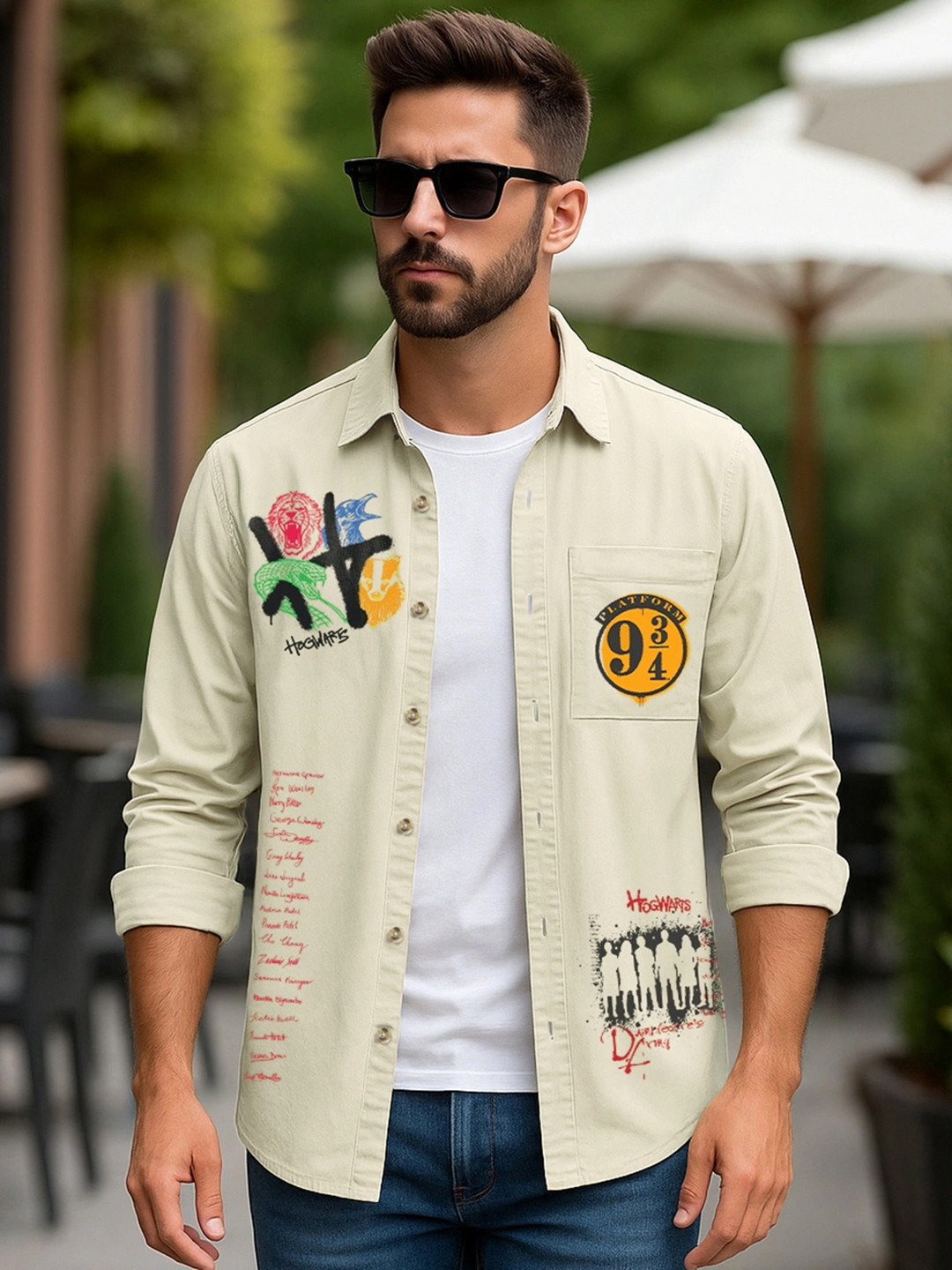 Bewakoof OFFICIAL HARRY POTTER MERCHANDISE Men's Pale Beige Hogwarts Graphic Printed Shirt