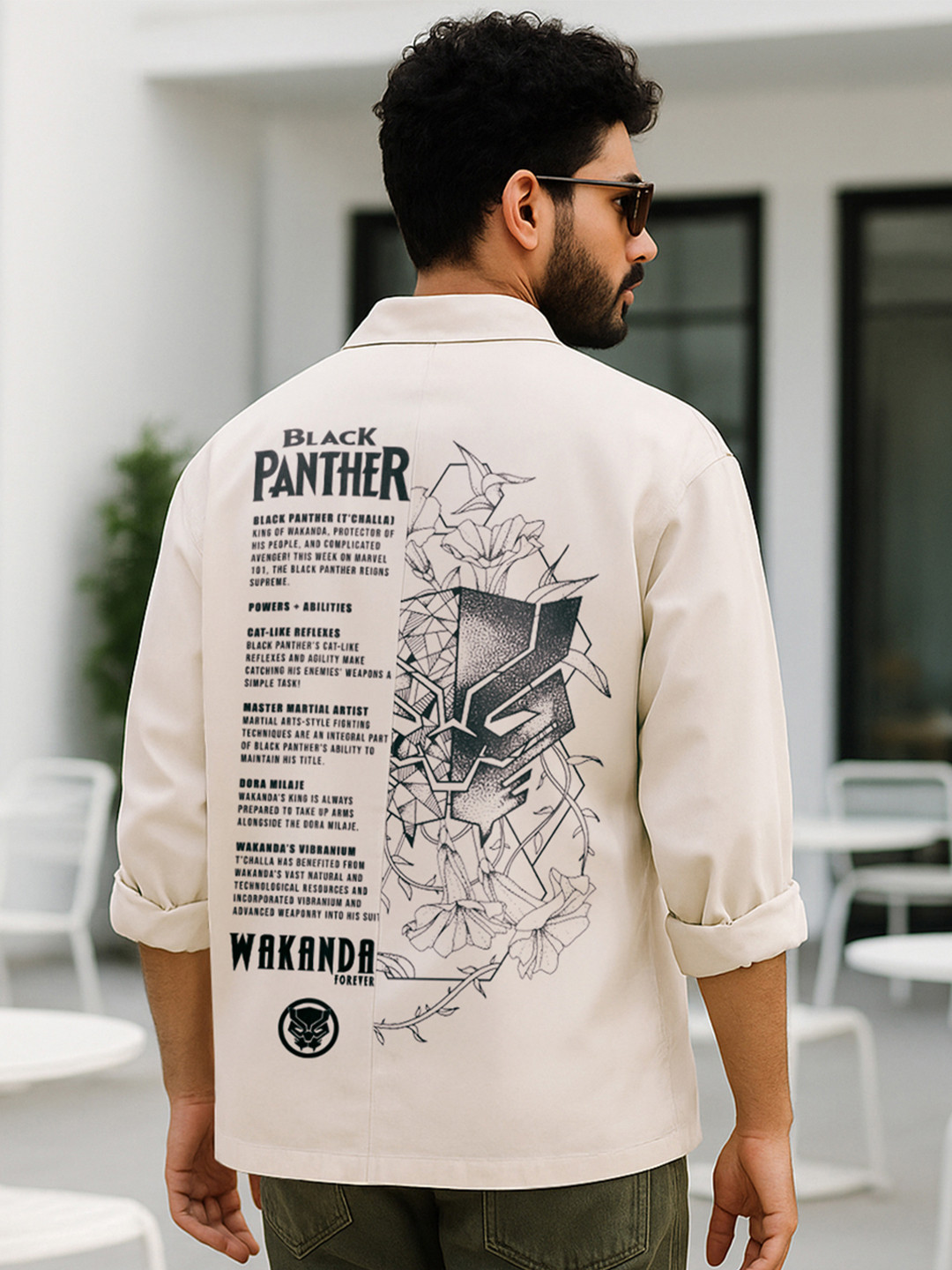 Bewakoof OFFICIAL MARVEL MERCHANDISE Men's Beige Black Panther Printed Oversized Shirt