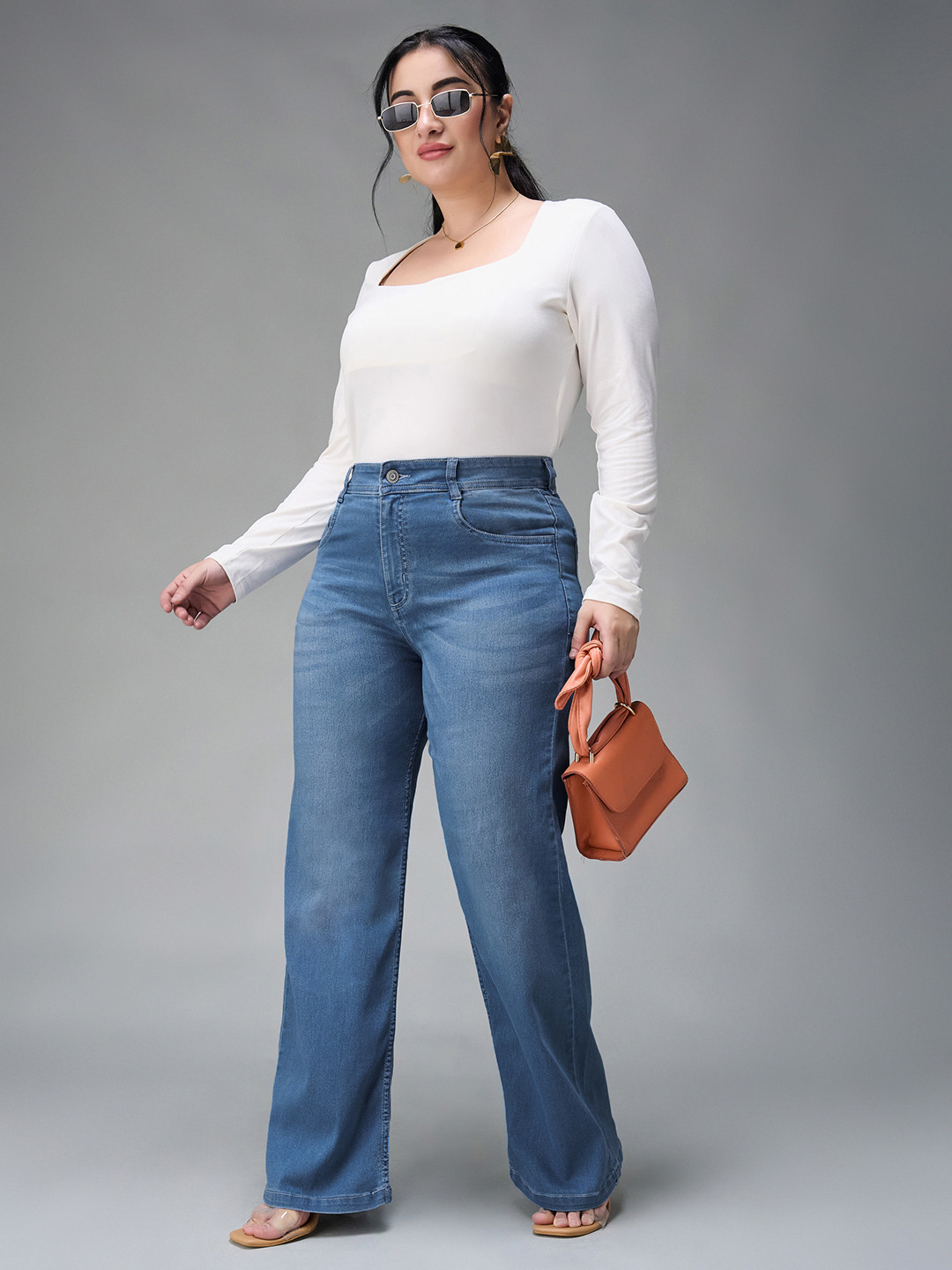 Miss Chase A+ Plus Size Women Light Blue Wide-Leg Clean Look Blast Effect Light Weight Denim Jeans