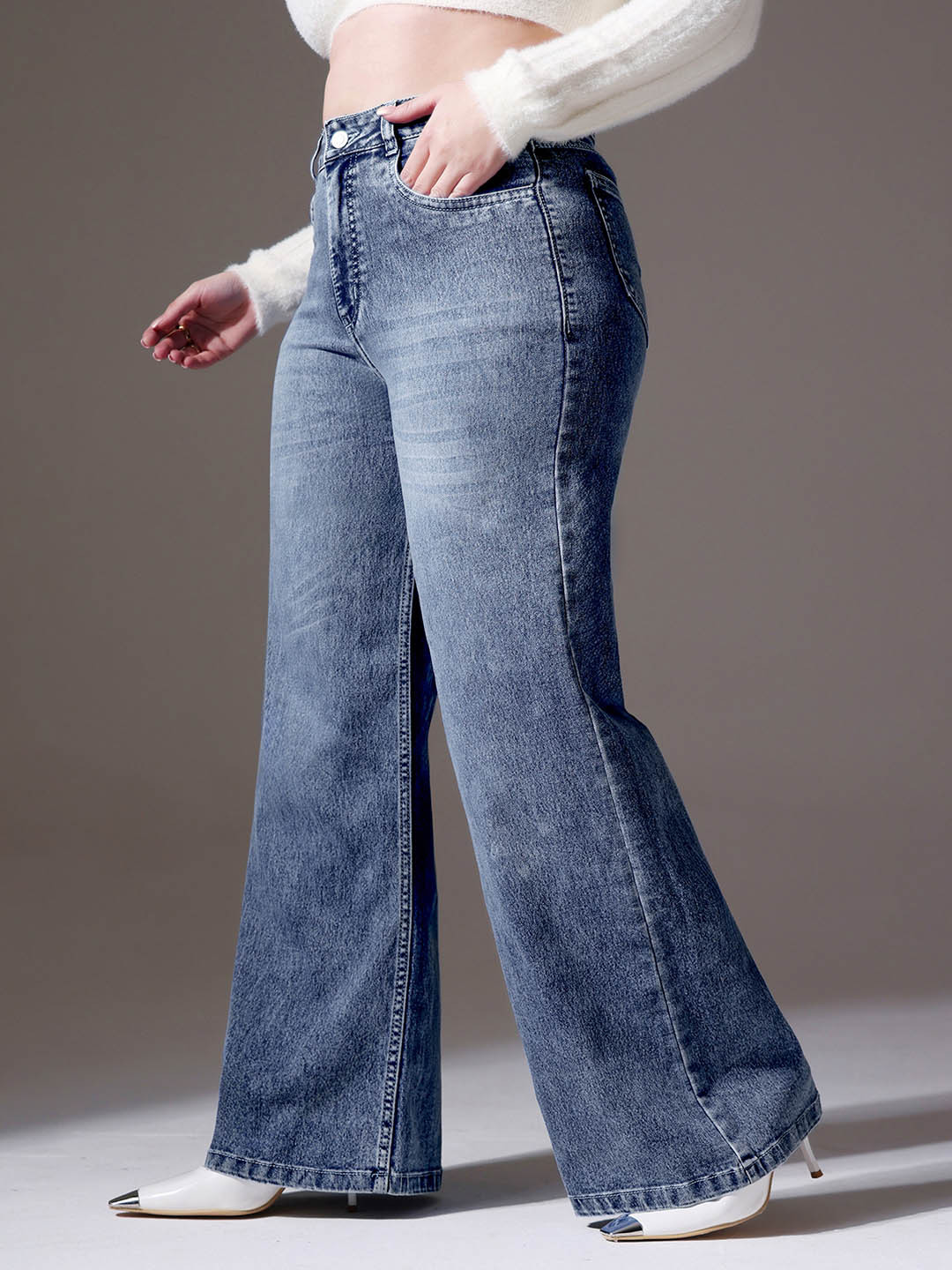 Miss Chase A+ Women Plus Size Light Blue High Rise Clean Look Stretchable Denim Wide Leg Jeans
