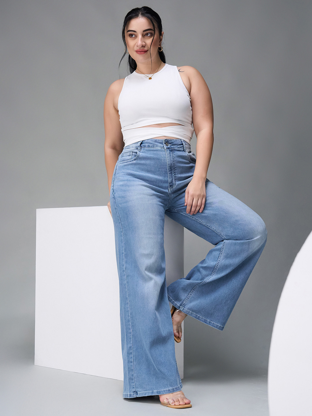 Miss Chase A+ Women Plus Size Light Blue Wide-Leg High-Rise Clean-Look Stretchable Denim Jeans