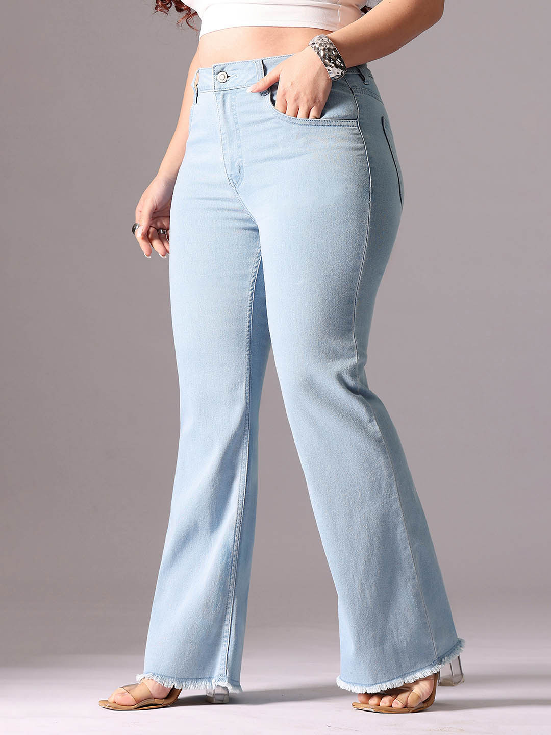 Miss Chase A+ Women Plus Size Light Blue Boot Cut Clean Look Cropped Stretchable Denim Jeans