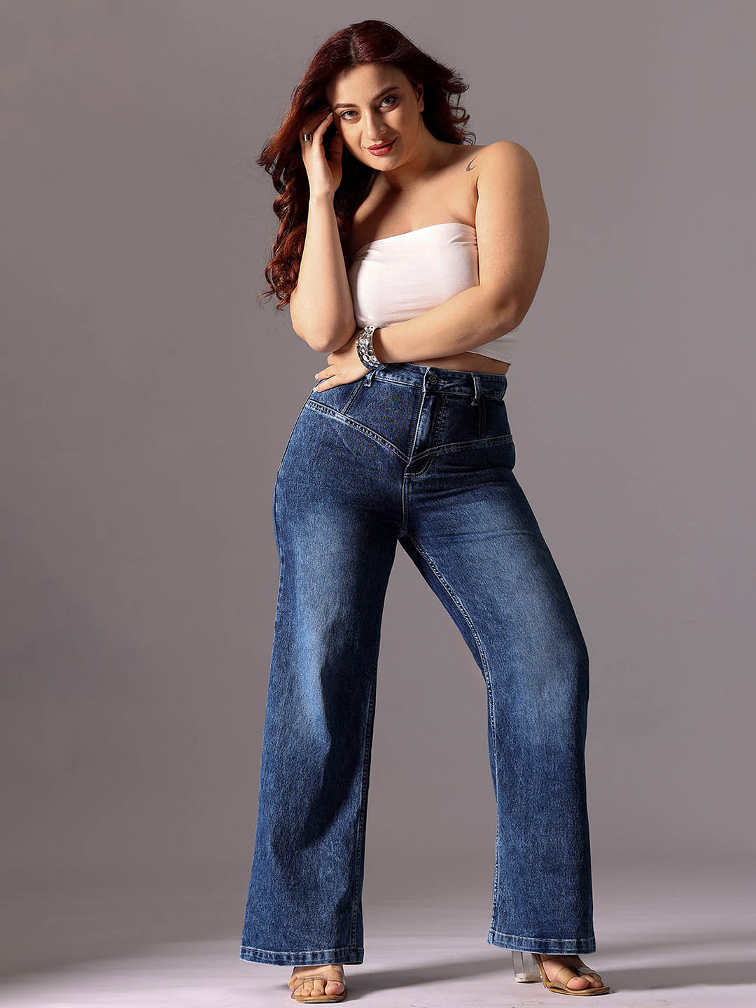 Miss Chase A+ Plus Size Women Blue High Rise Clean Look Stretchable Denim Wide-Leg Shaping Jeans