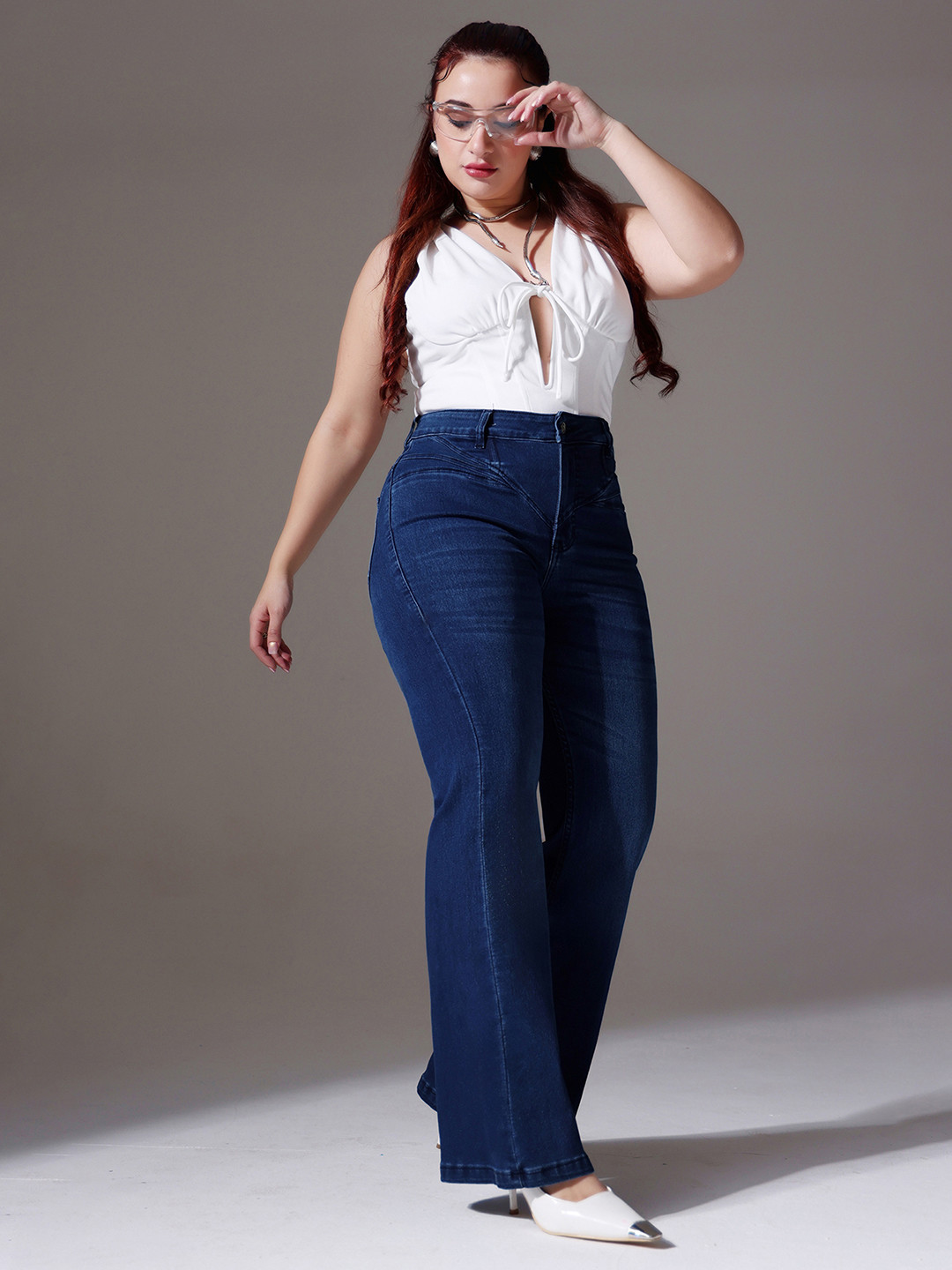 Miss Chase A+ Plus Size Women Navy Blue Bootcut High Rise Clean Look Stretchable Denim Shaping Jeans