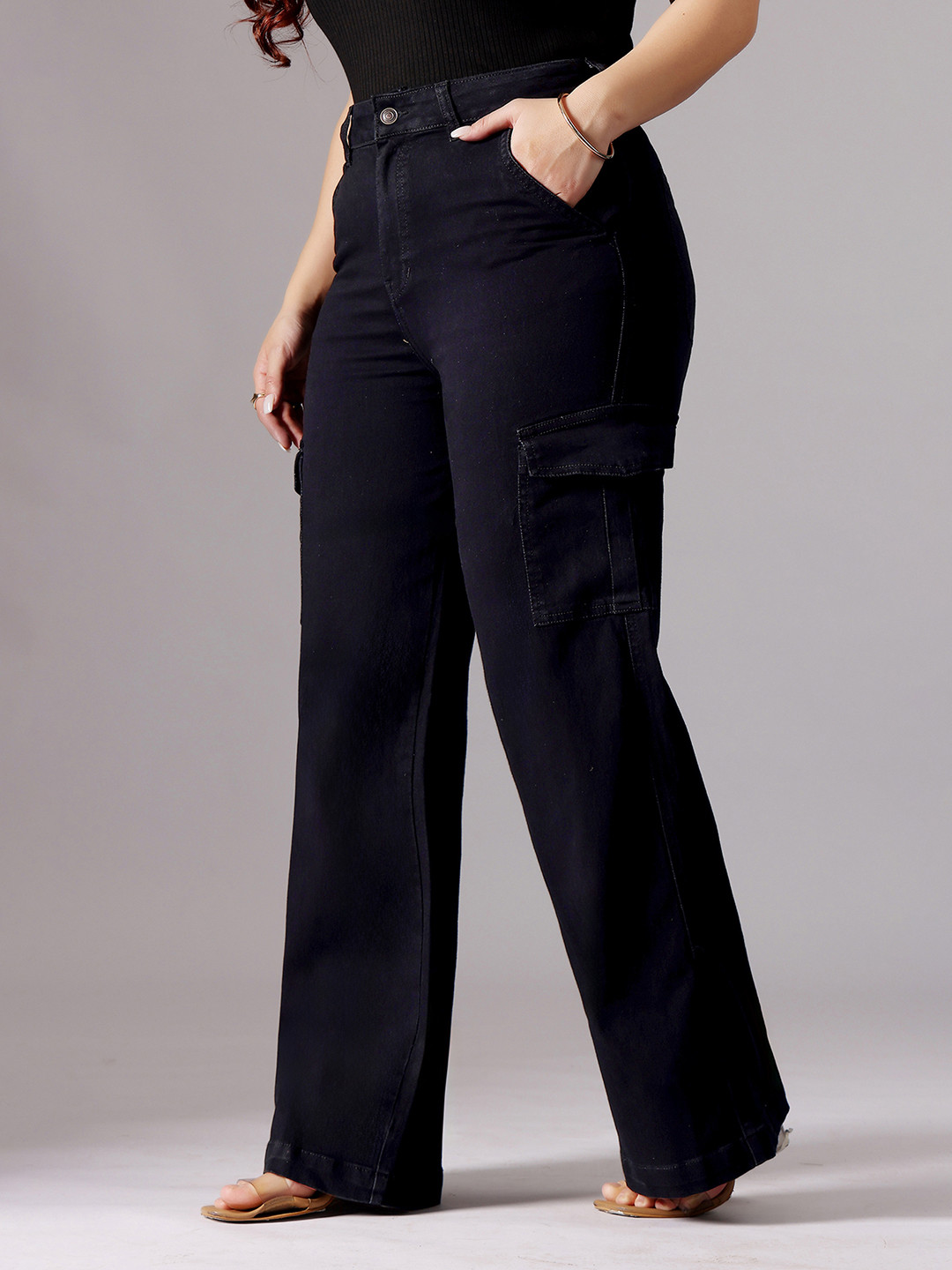 Miss Chase A+ Plus Size Women Black Wide-Leg High-Rise Clean-Look Stretchable Denim Jeans