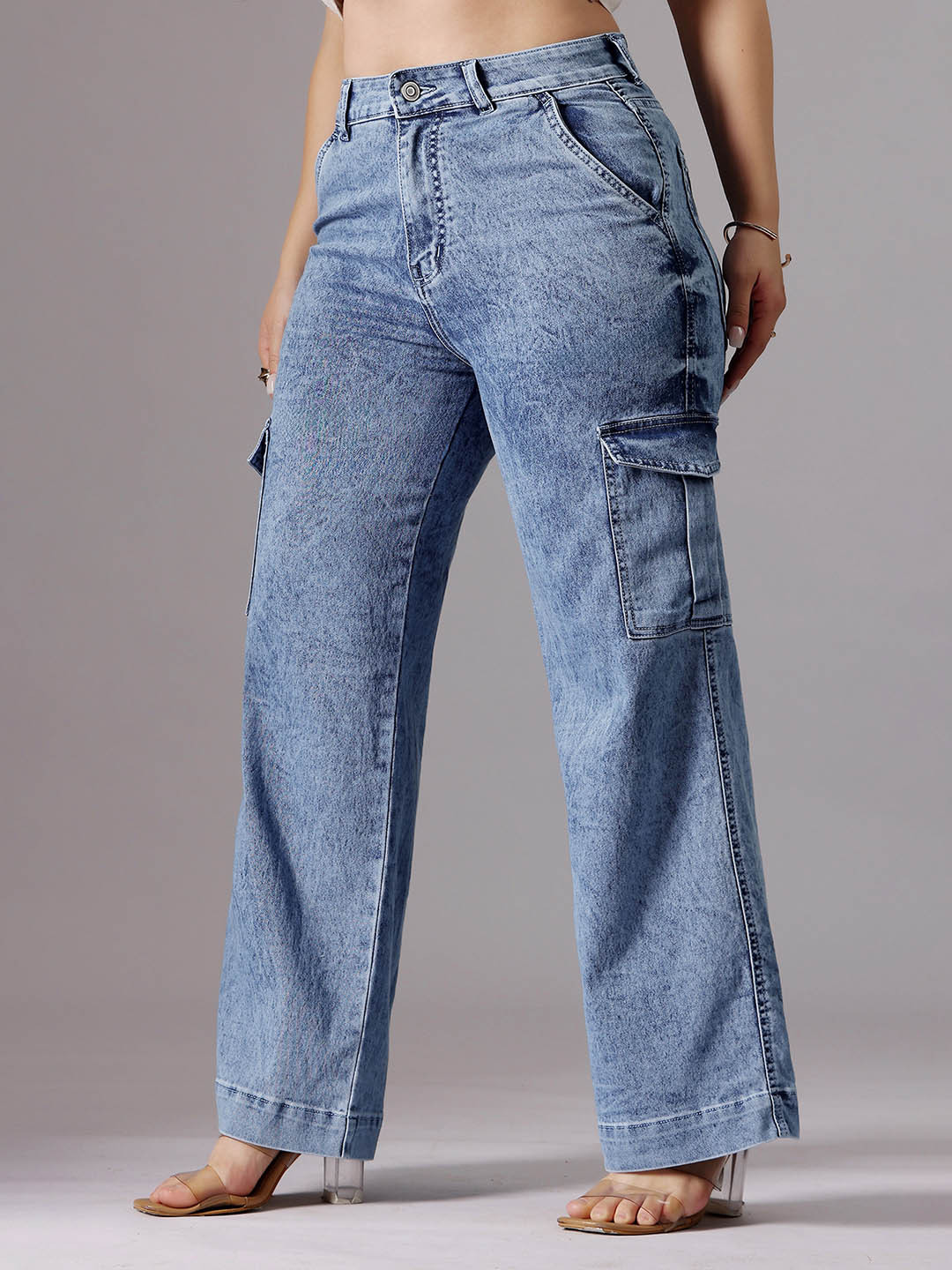 Miss Chase A+ Plus Size Women Light Blue Wide-Leg Clean-Look Stretchable Flared Cargo Denim Jeans