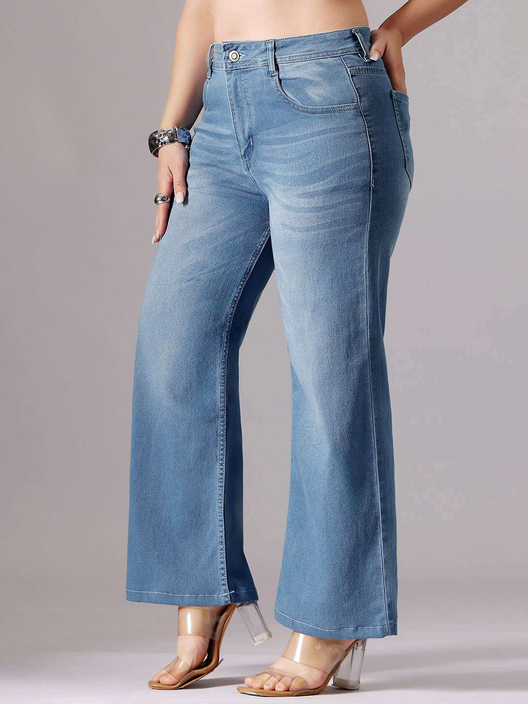 Miss Chase A+ Plus Size Women Light Blue Wide-Leg fit Mid Rise Stretchable Denim Jeans