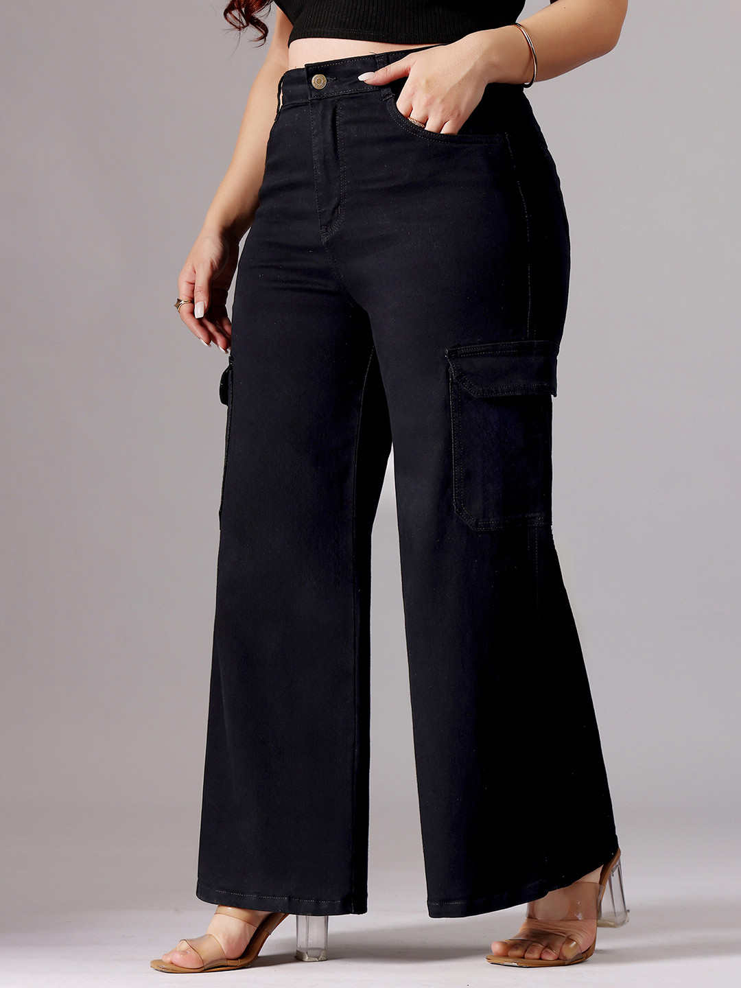 Miss Chase A+ Plus Size Women Black Wide Leg High Rise Clean Look Stretchable Denim Jeans