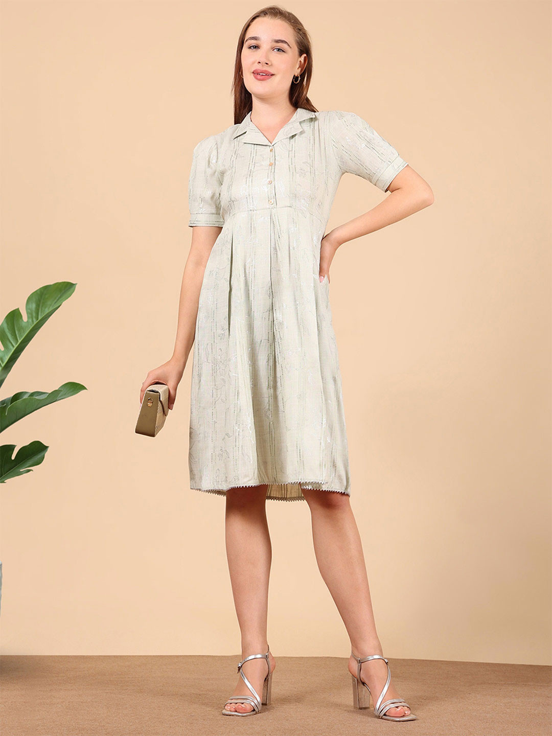 True Shape Women Shirt Collar Puff Sleeves Fit & Flare Jacquard Dress