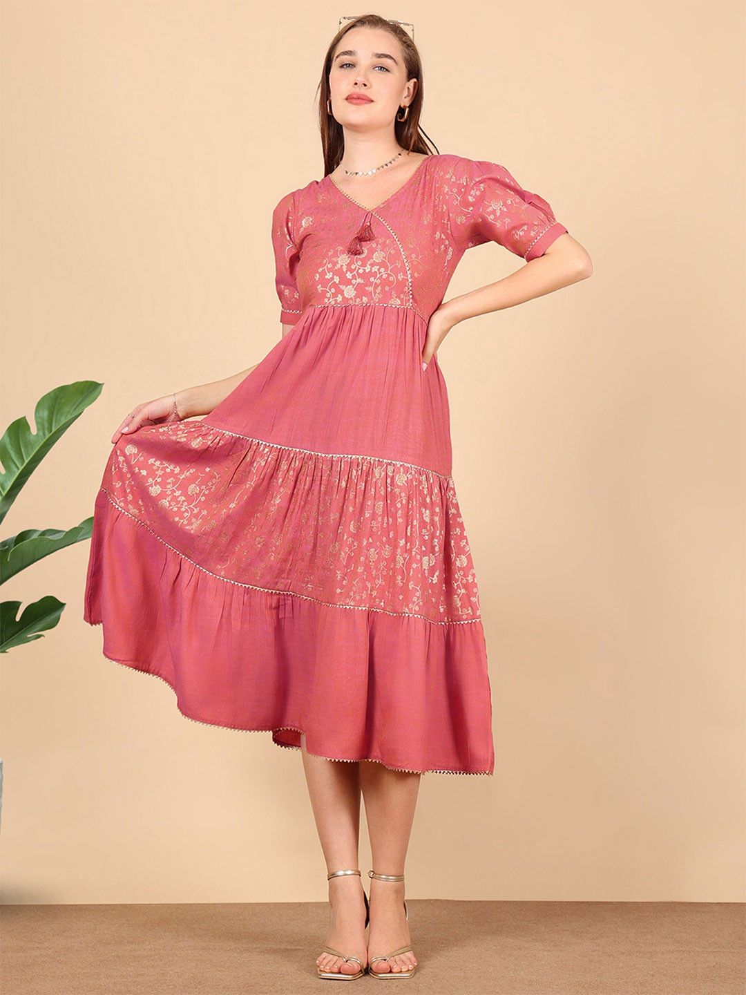 True Shape Women Embroidered Tiered Midi Dress