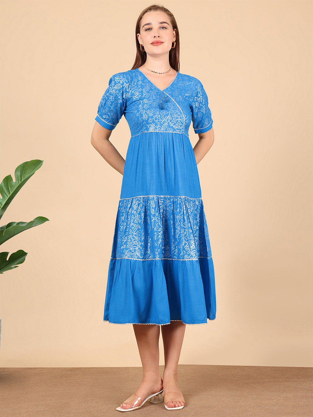 True Shape Women Ethnic Motifs Print Gathered or Pleated Jacquard Fit & Flare Midi Dress