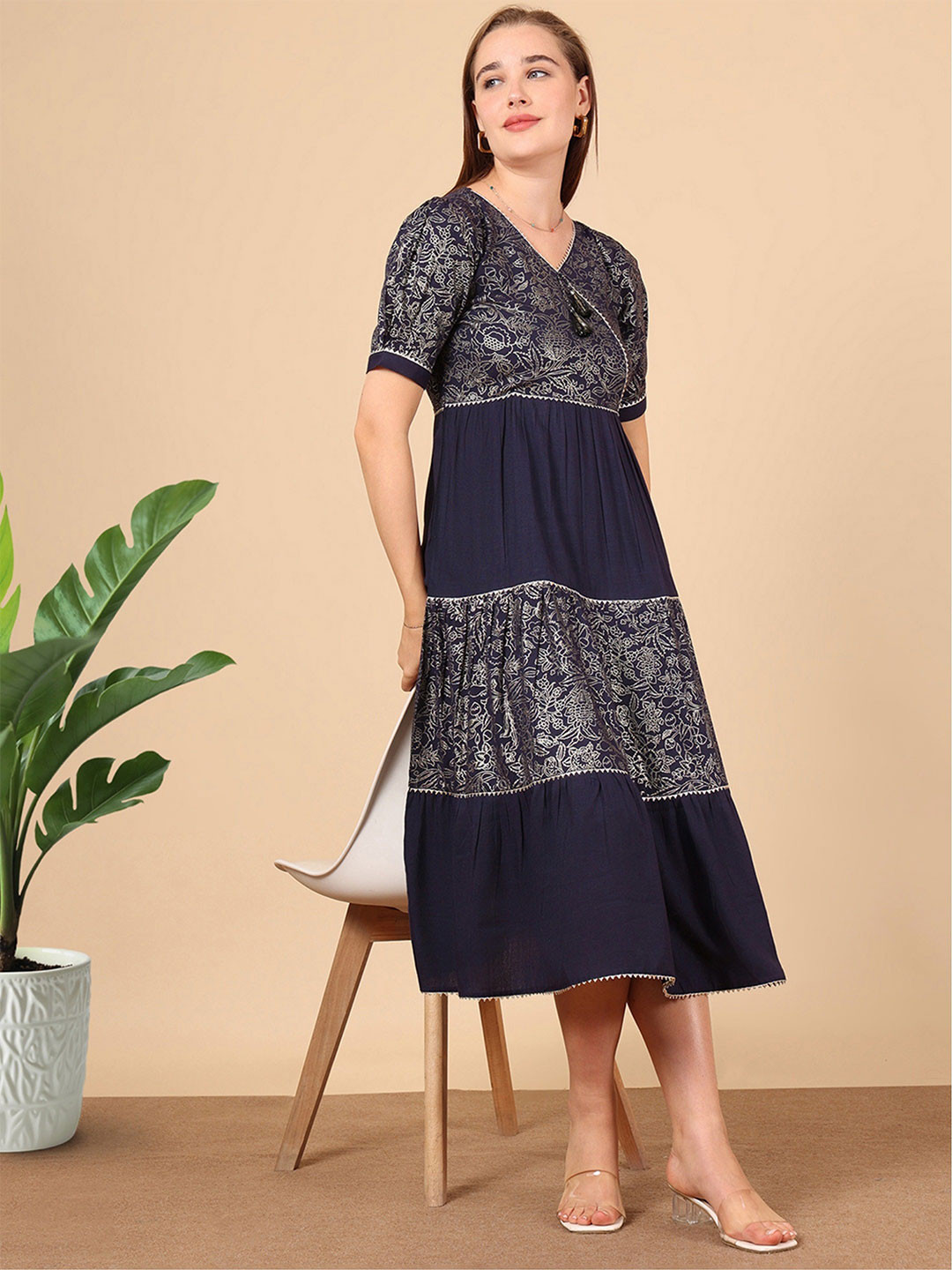 True Shape Ethnic Motifs Printed V-Neck Jacquard Fit & Flare Midi Dress