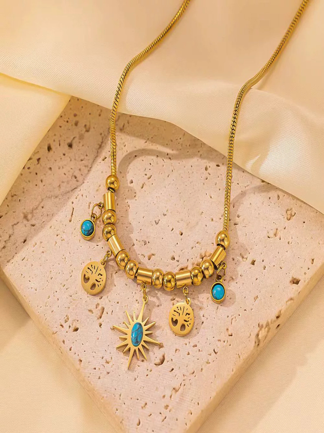 AQUASTREET 18K Gold Plated Anti-Tarnish Blue Star and Tree Drops Charm Necklace