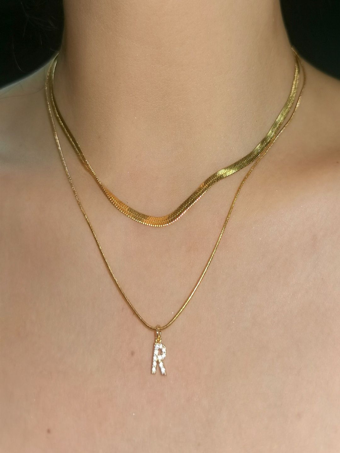AQUASTREET 18K Gold Plated Anti-Tarnish Initial Letter R Zircon Pendant Layered Necklace