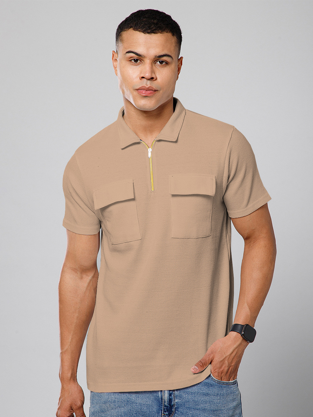TRIPR Self Design Polo Collar Pockets Relaxed Fit T-shirt