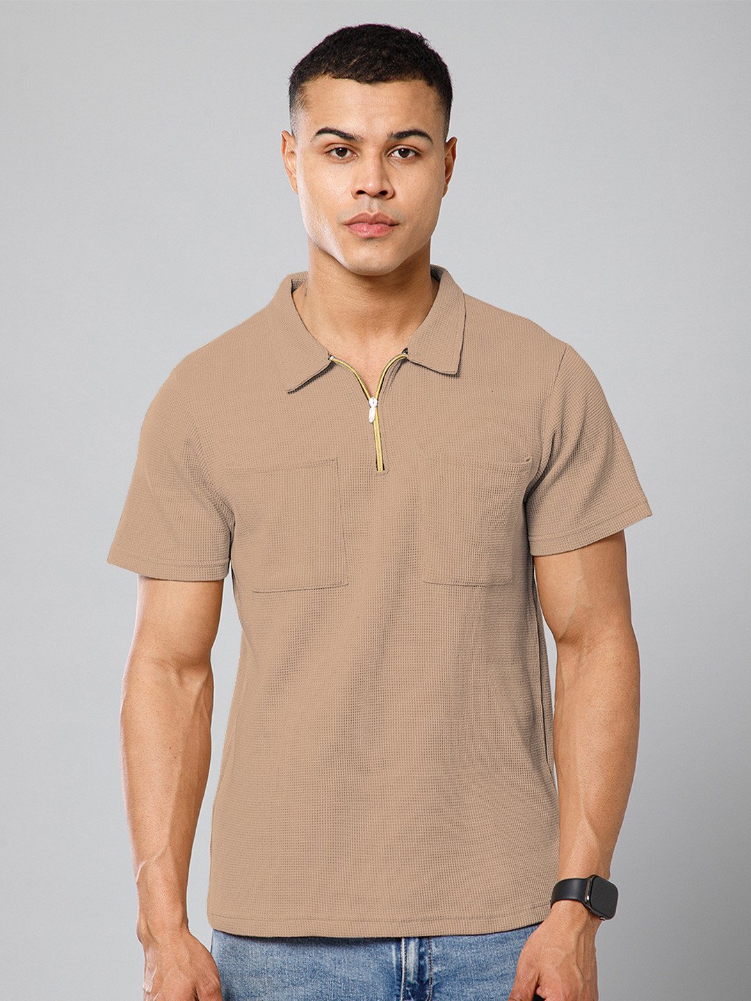 Beige Self Design Polo Collar Short Sleeves T-shirt
