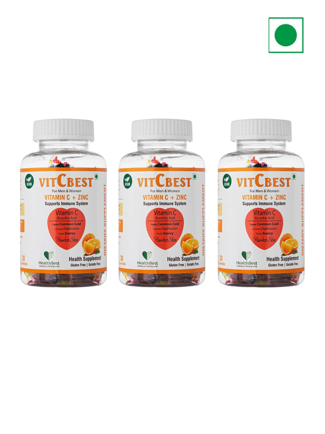 HealthBest Set Of 3 VitCbest Vitamin C & Zinc Gummies - 30 Gummies Each - Orange Flavor