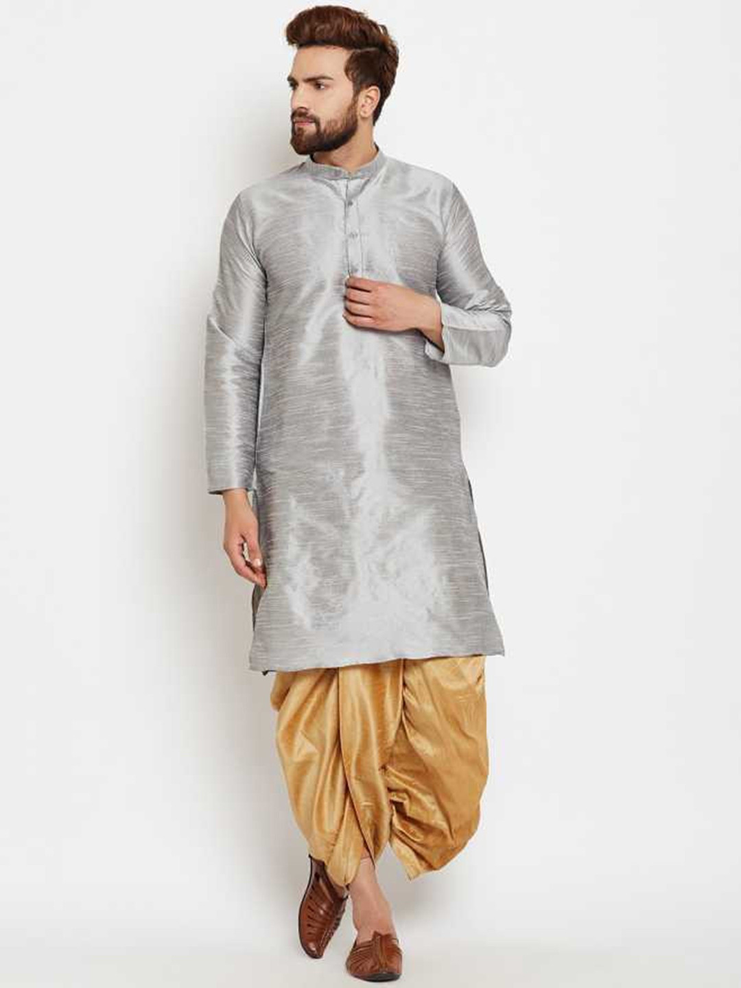 B BEN Men Silver Mandarin Collar Long Sleeves Regular Pure Silk Kurta & Gold Dhoti Pants