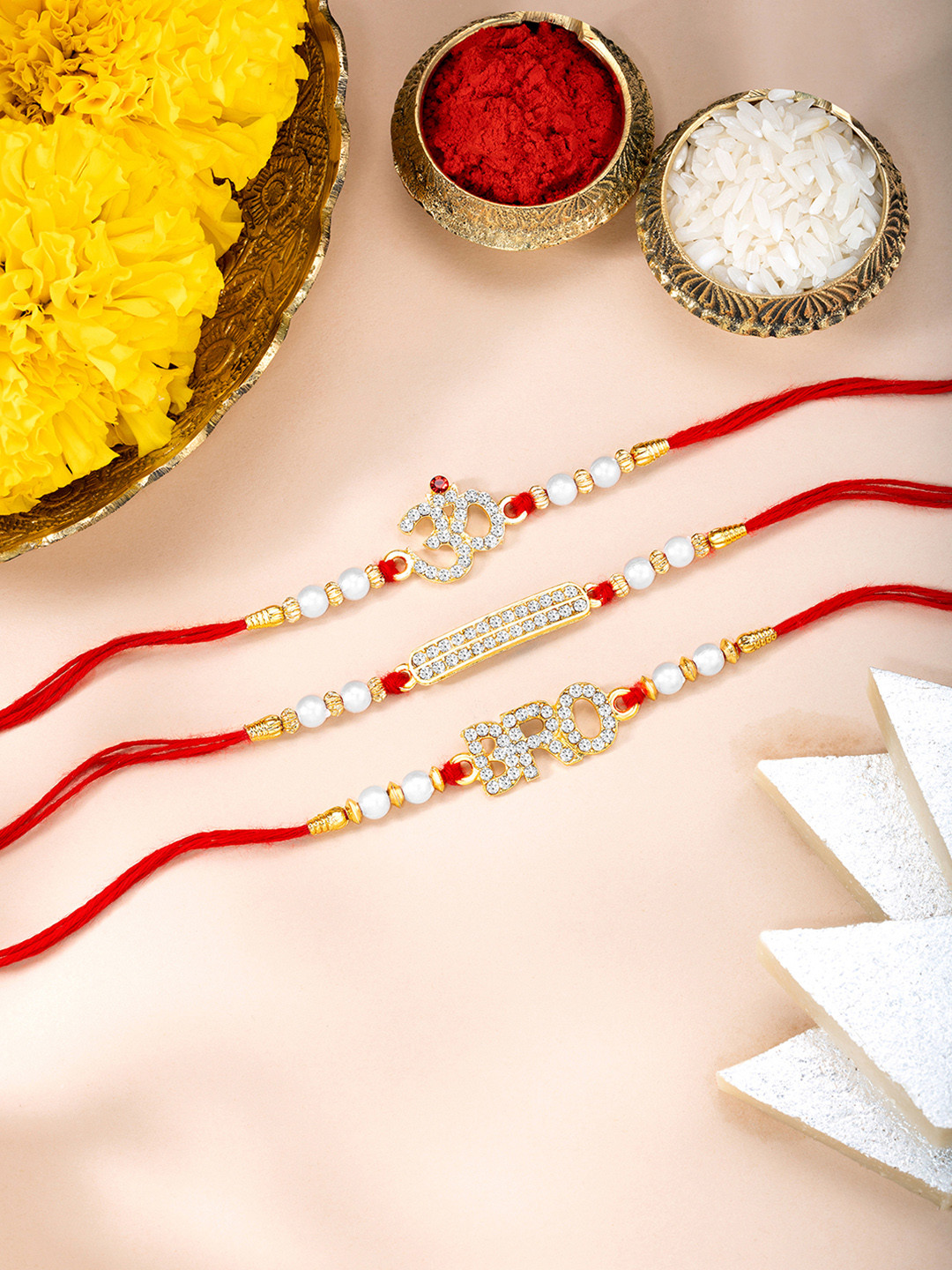 Peora Set Of 3 BRO & Om Desginer Rakhi with Roli Chawal & Greeting Card