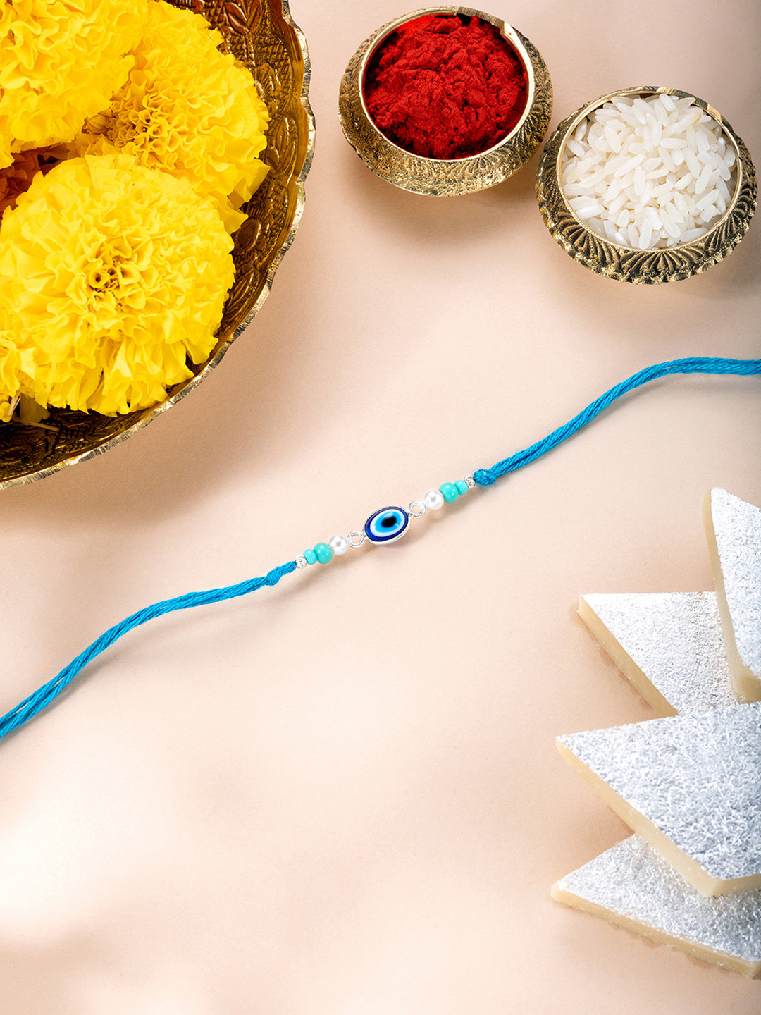 Peora Sterling Silver Evil Eye Desginer Bhaiya Rakhi with Roli Chawal & Greeting Card