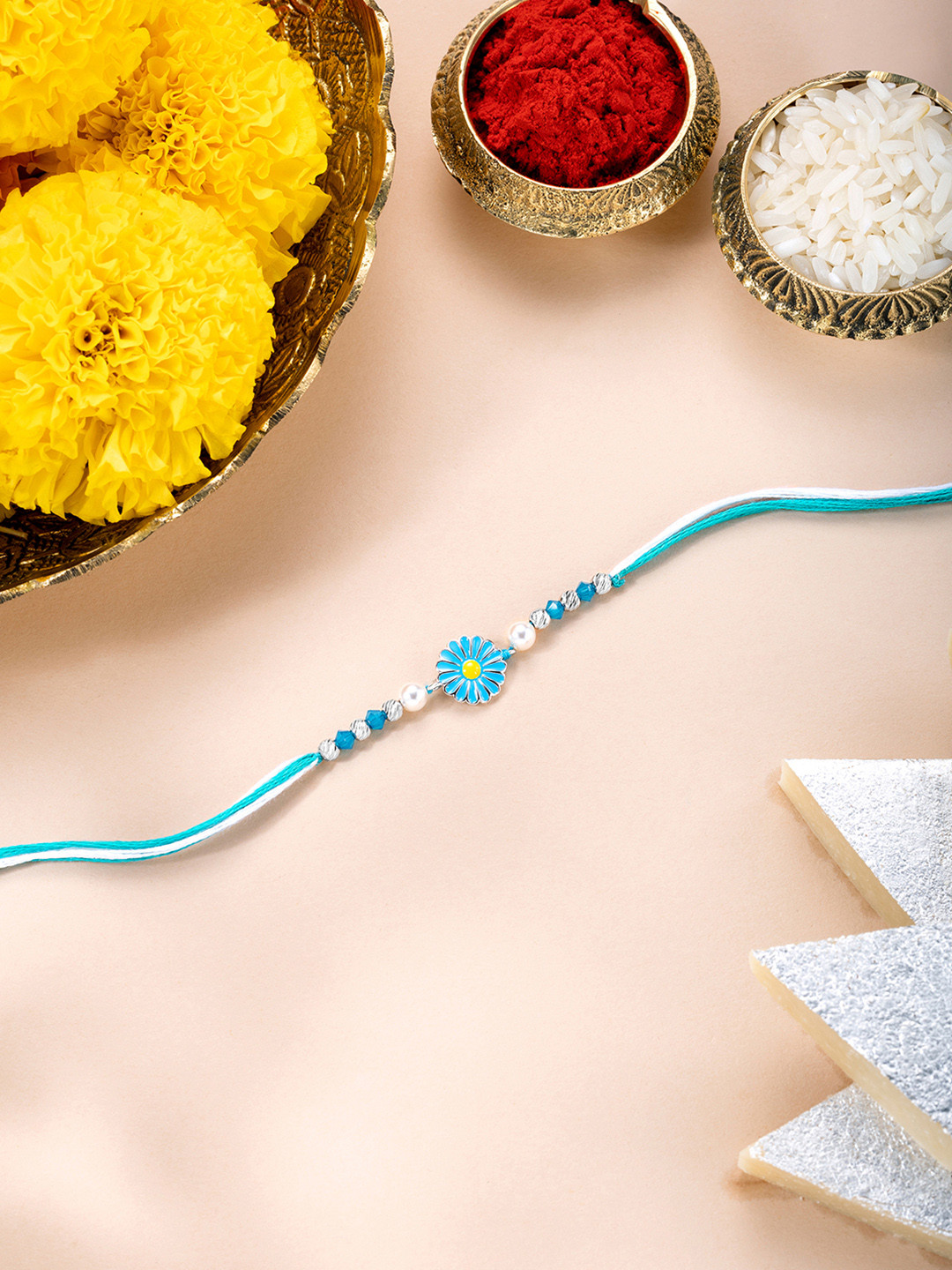 Peora Sterling Silver Floral Design Thread Rakhi With Roli Chawal And Greeting Card
