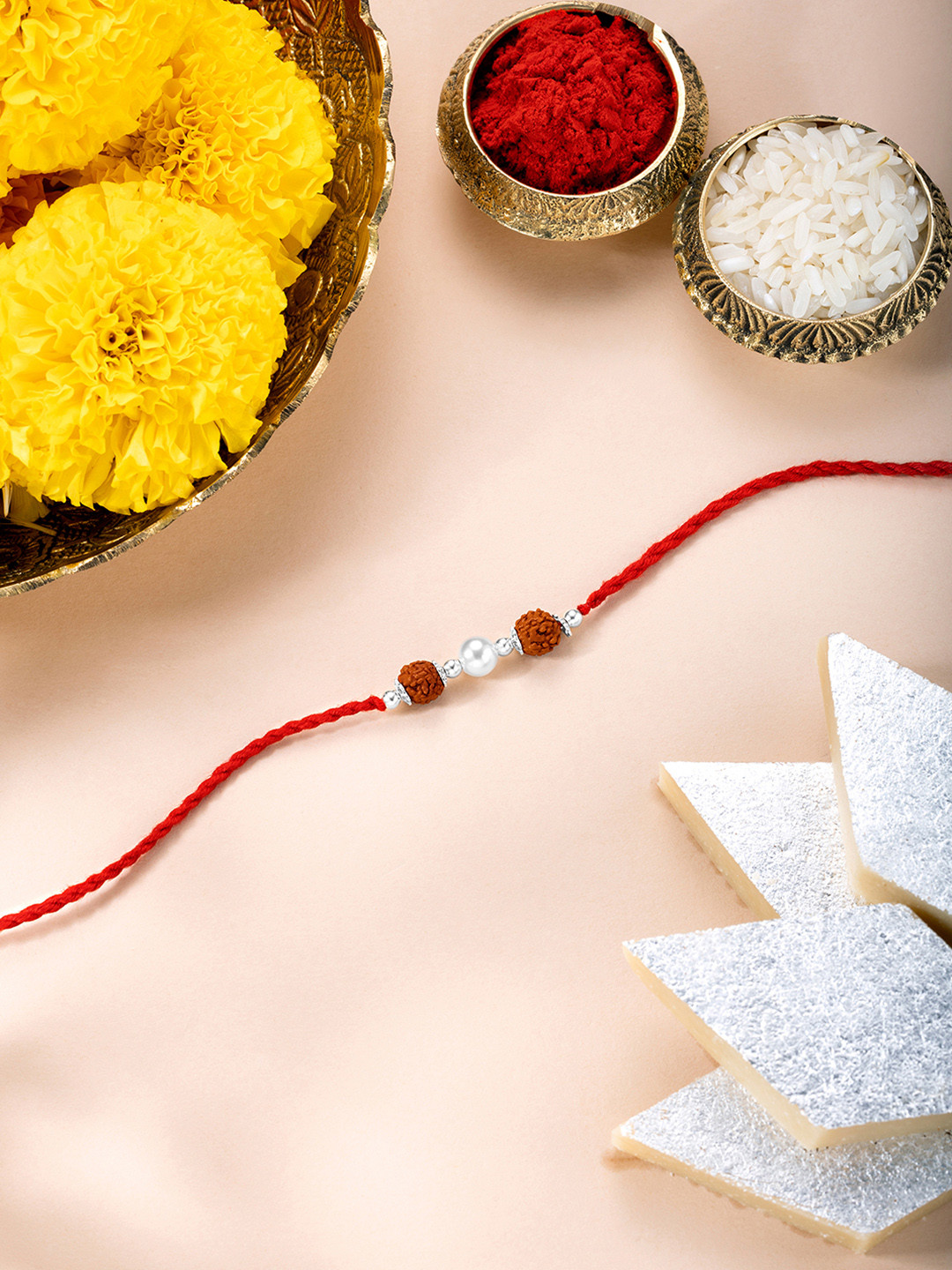 Peora Sterling Silver Rudraksh Rakhi With Roli Chawal & Greeting Card